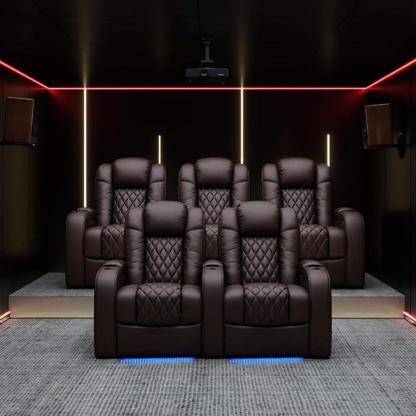 Weilianda Home Theater Seating Top Grain Leather Zero Gravity Recliner Chair Power Headrest Recline Movie Seat Gaming 7 Colors Mood Light Sofa with Tray Table USB Charge Row of 1 Brown