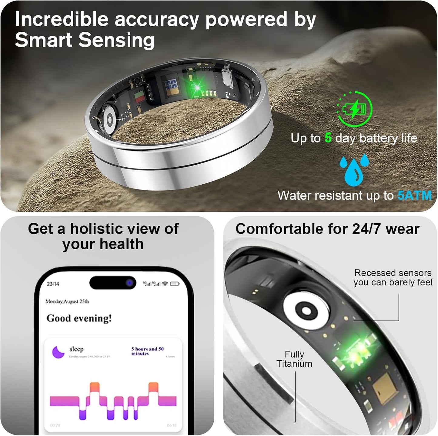 KppeX-X1 Smart Health Ring Kit-Nighttime Sleep Monitoring-Heart Rate-IP68 Waterproof Exercise Recording Fitness Tracker-No Subscription Fee Mixer#Steel Color (X1-11#)