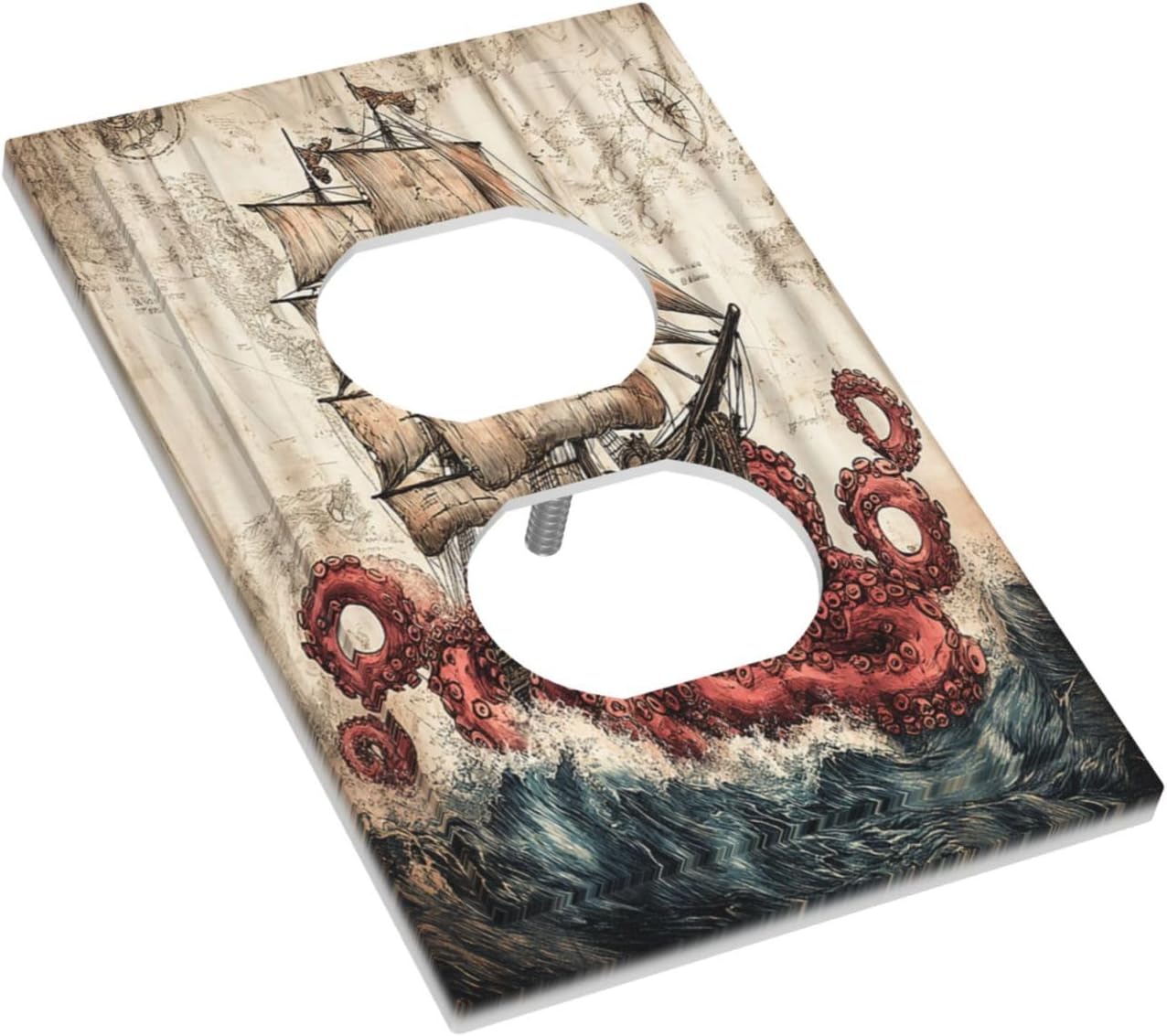 Outlet Covers Vintage Octopus Ocean Sailboat Bizarre Adventure 1 Gang Duplex Electrical Receptacle Faceplate Light Switch Cover Wall Plate Decorative Switch Plates for Bathroom Kids room Decor