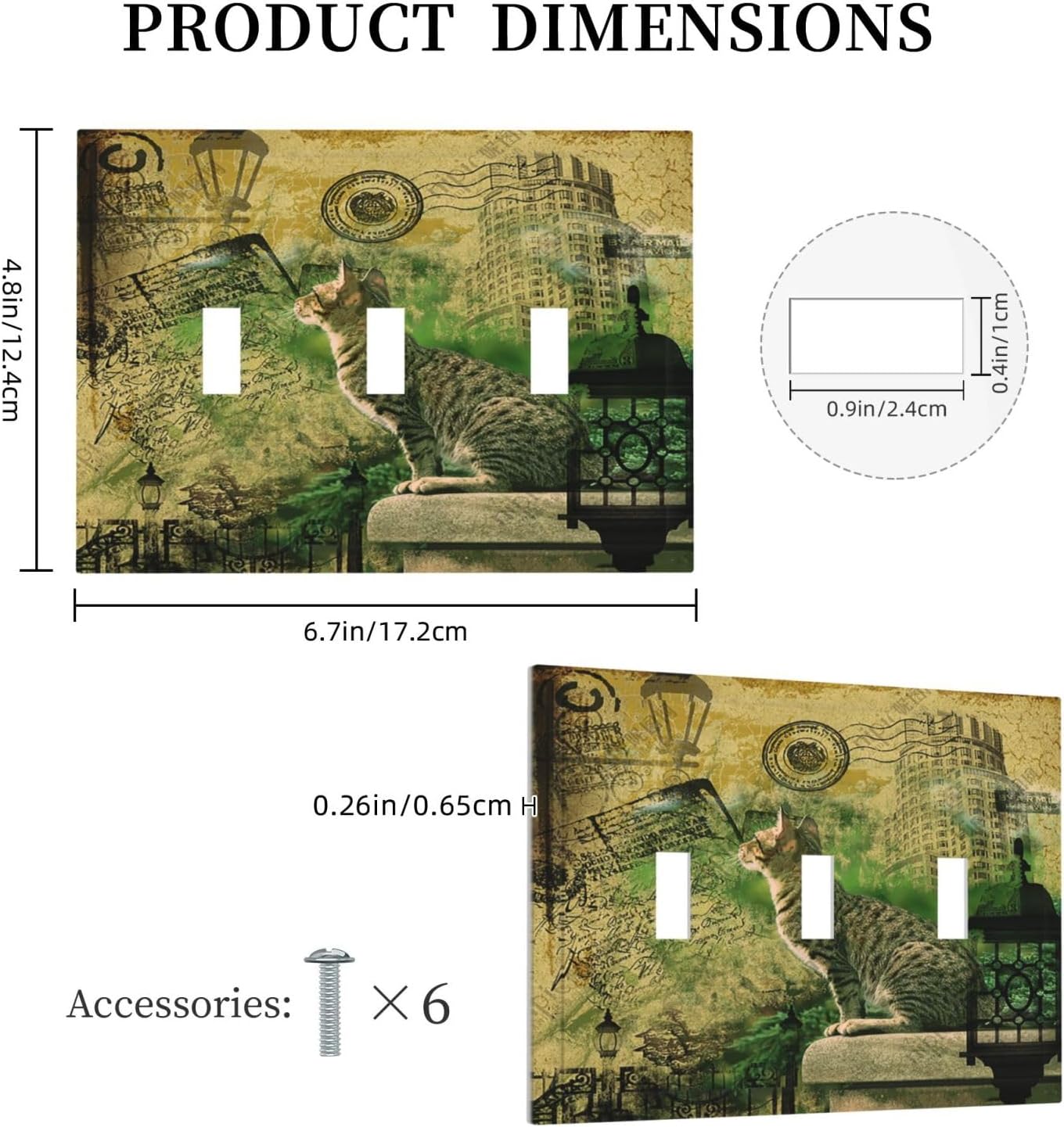 Decorative Light Switch Cover Plate Vintage Style Cat City Stamp 3 Gang Wall Plate Triple Toggle Switch Plate Covers Electrical Outlet Cover for Bedroom Home Decor