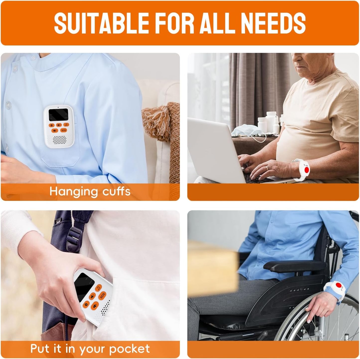 Wireless Caregiver Call Button Alarm, Portable Caregiver Pager for Seniors Patients 1 Bracelet Button & 1 Digital Display Receiver