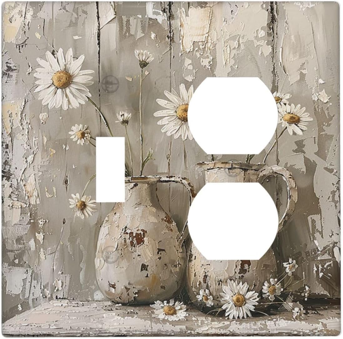 Wallplates Vintage Rustic Floral White Daisy Flower Oil Painting Style 1 Toggle 1 Duplex Switch Plate Electrical GFCI Faceplate Decorative Light Switch Covers for Home Farmhouse Decor