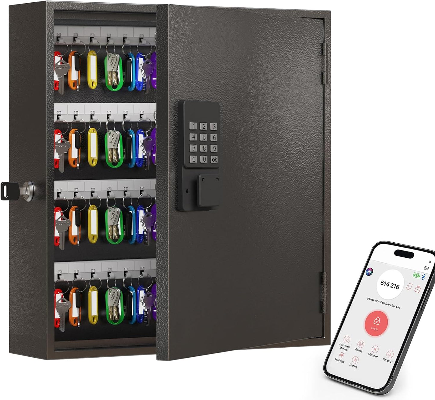 WeHere Smart Key Lock Box, Wall Mounted Key Cabinet with 120 Key Tags, Bluetooth App Control, OTP & Password Unlock, Wi-Fi Remote Unlock (Bridge Required), Steel Key Safe for Office Home Business