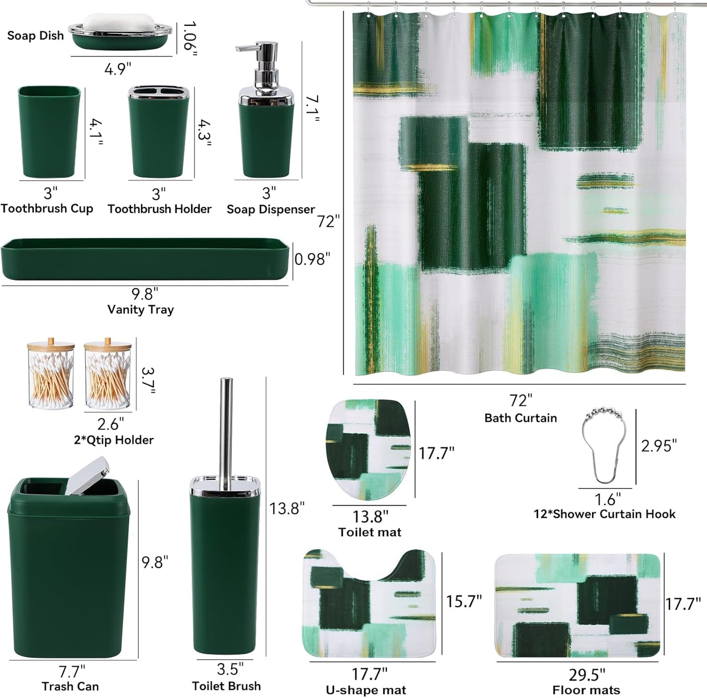Bathroom Set - Dark Green Bathroom Accessories Set, Bathroom Sets with Shower Curtain and Rugs, Green Shower Curtain Set with Bathroom Trash Can, Soap Dispenser, Soap Dish for Home Decor