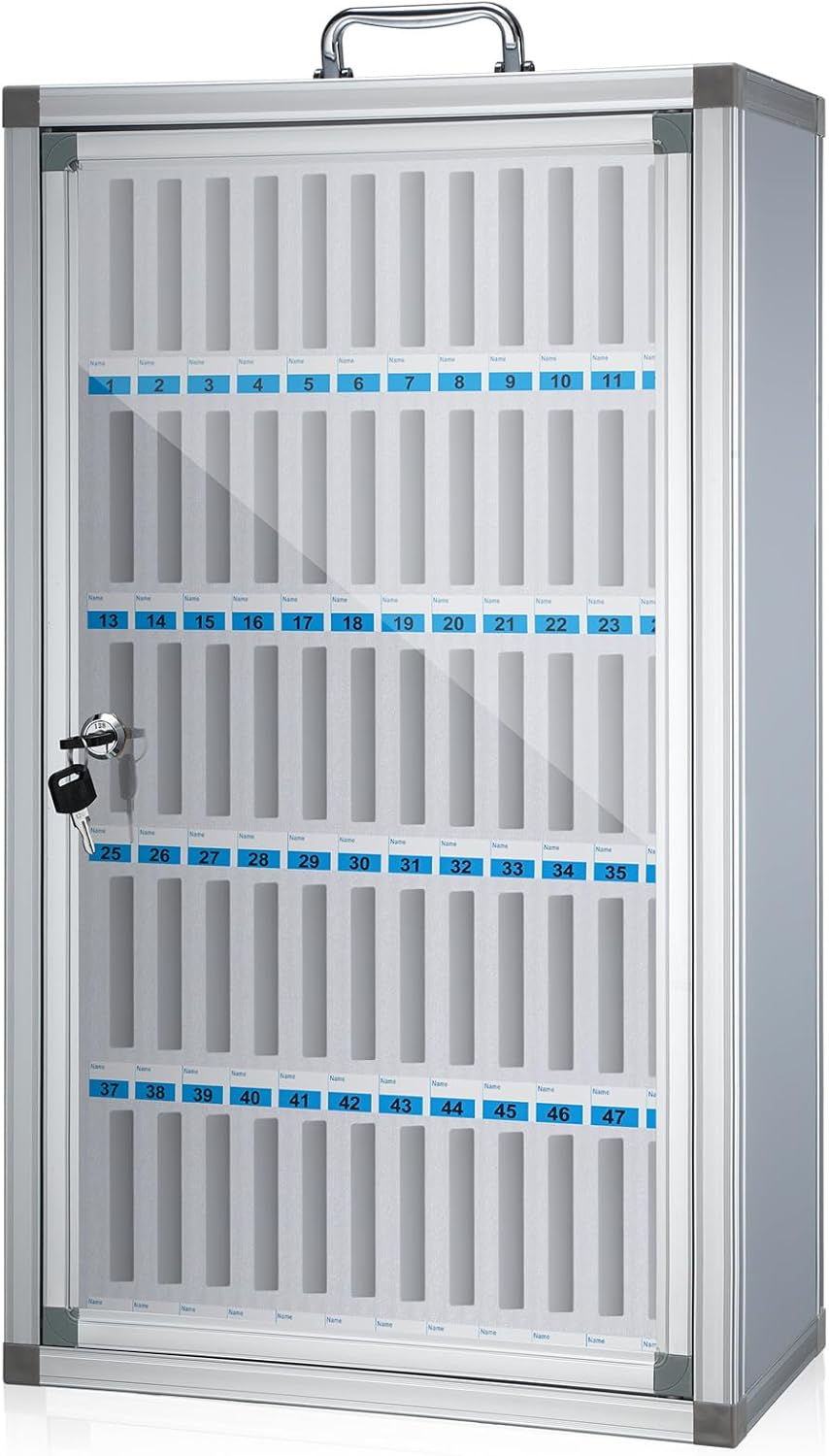 Amylove 60 Slots Cell Phone Locker Cabinet Aluminum Alloy Pocket Chart Storage Locker Box Cabinet Wall-Mounted Cell Phones Storage Box with Handle for Office Classroom Gym (White)