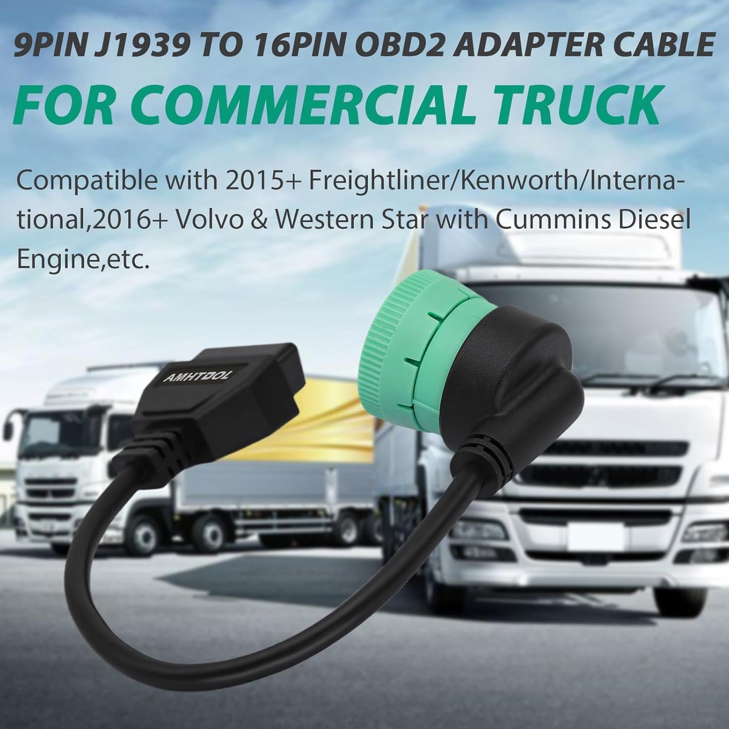 J1939 OBD2 Adapter Cable Fits Truck Diagnostic Scanner/Code Reader, 9 Pin to OBD2 16 Pin Connector, J1962-J1939 for Cummins Diesel Engine, Fit for Truck ELD and GPS Tracker
