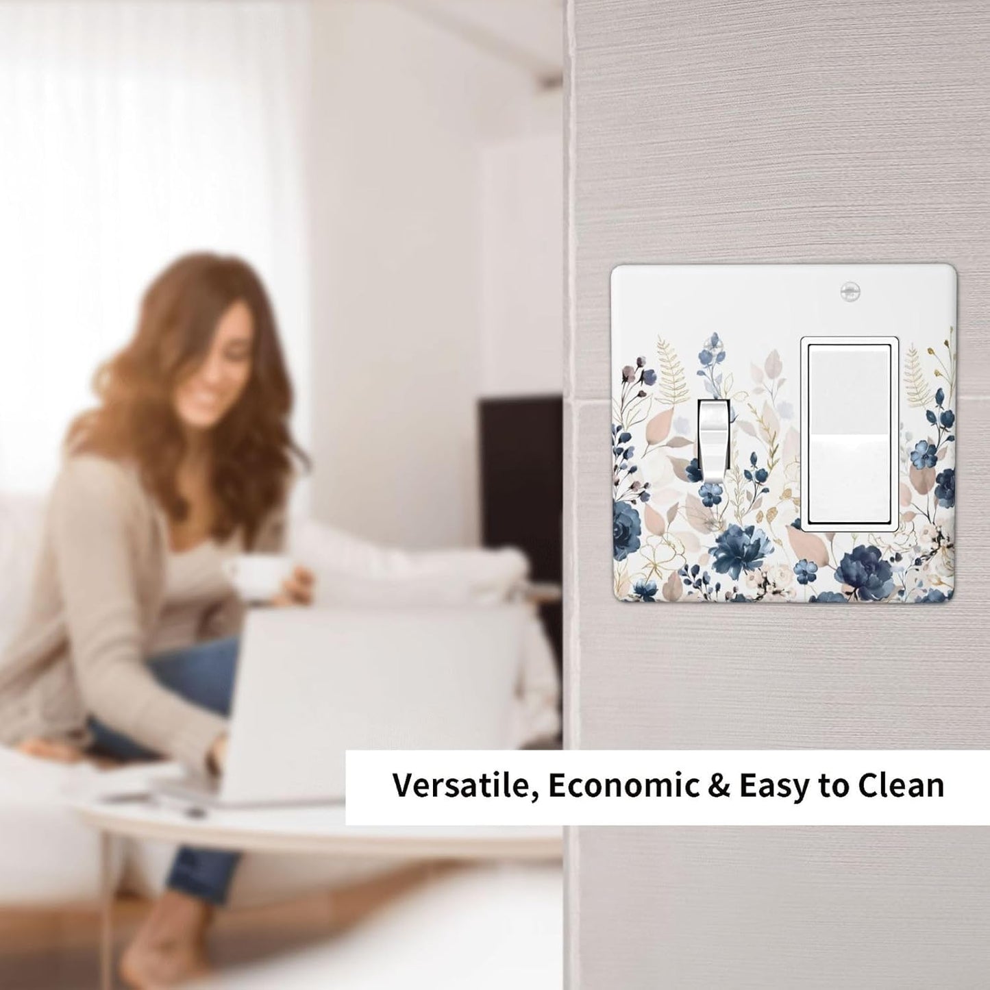 Blue Flora Boho Vintage Flower Golden Leaves Outlet Covers 1 Toggle 1 Rocker Combination Decorative Wall Plate Electrical Switch Plates Light Switch Cover Plate for Bedroom Living Room Decor