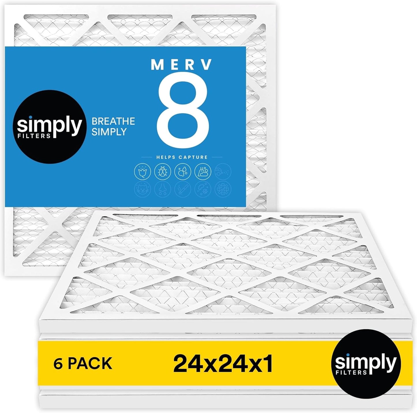 Simply 24x24x1 Air Filter, Merv 8, 6 Pack, For Home AC Furnace & HVAC (Actual Size: 23.75"x23.75"x0.75") DUST, Pet, & Allergy Control