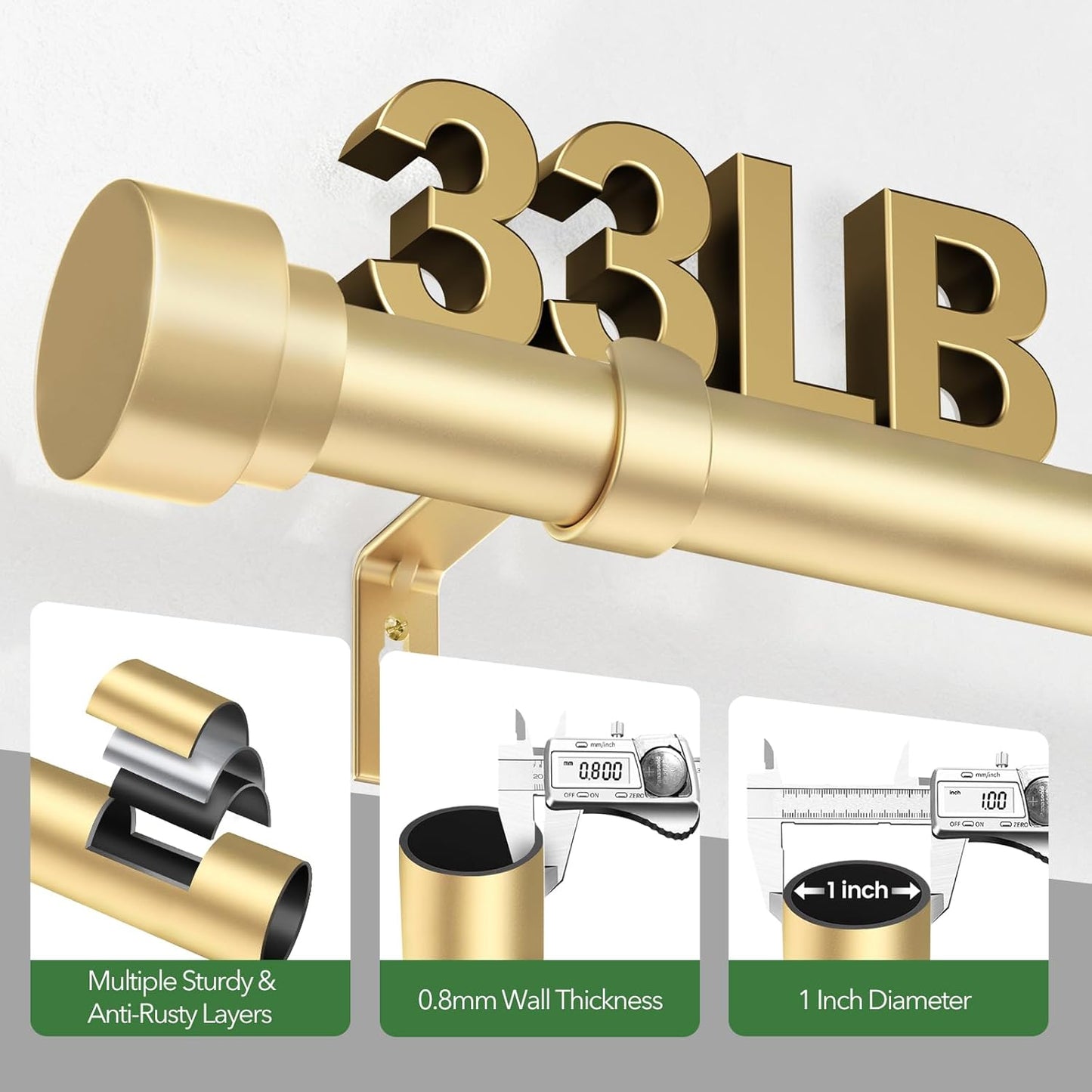 Curtain Rods for Windows 32 to 240, 1 Inch Adjustable Gold Heavy Duty Long Window Curtain Rod, Modern Outdoor Drapery Rods with Simple End Caps, Size 32"-240"