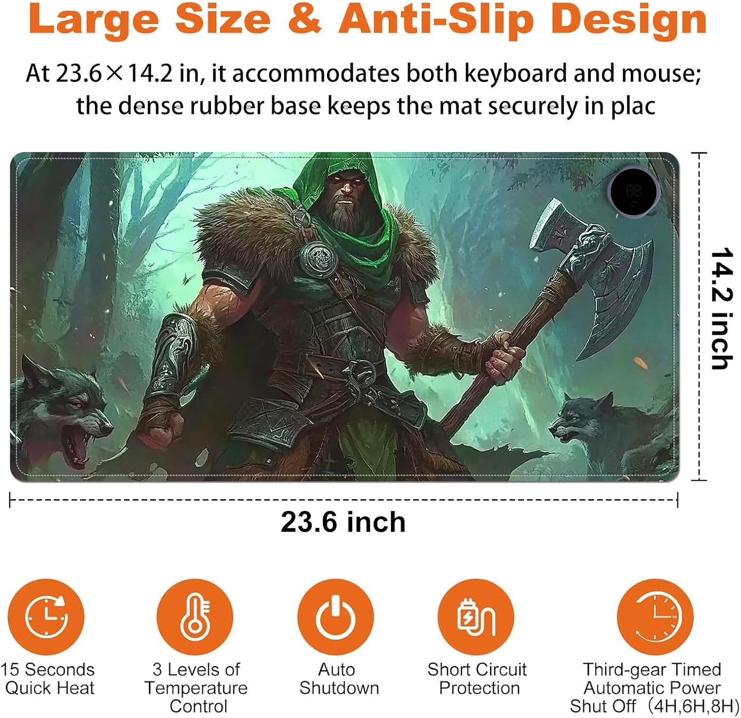 Small Heated Desk Pad 23.6" x 14.2" – Compact Electric Mouse Pad with 3 Heating Levels, Auto Shut-Off, Waterproof PU Surface, Plug-in Warmer for Office or Home Use, Wild Hunter