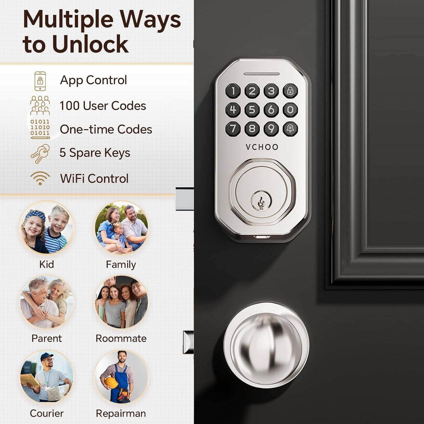 Keyless Entry Door Lock with 2 Knobs App Control Smart Locks for Front Door WiFi Door Lock Set Automatic Lock One Time Password Anti Peeping Password IP54, Satin Nickel