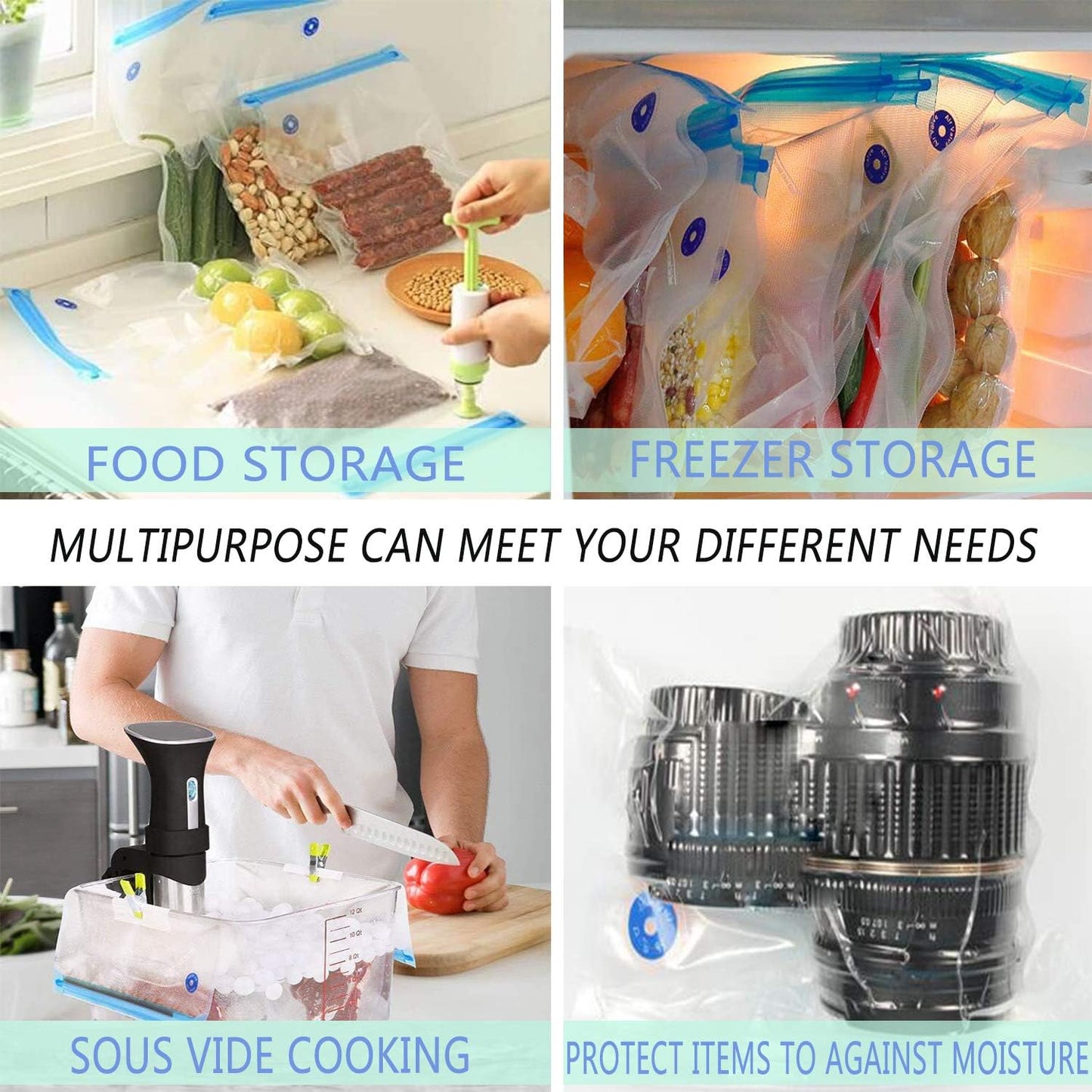 Sous Vide Bags 60pcs Reusable Vacuum Sealer Bags with 4 Sealing Clips, Reusable Vacuum bags for Food Storage and Sous Vide Cooking (10.2x11 Inch)
