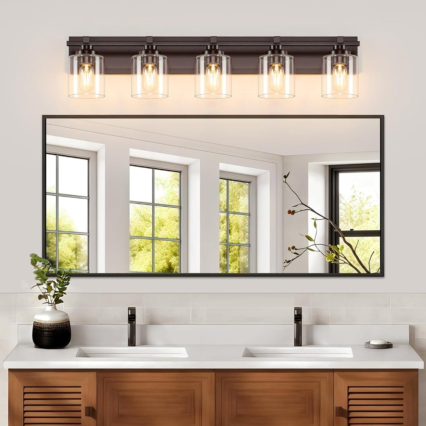 5 Light Modern Bathroom Light Fixtures Over Mirror, Bronze Finish Vanity Lights for Bathroom Wall Sconces with Clear Glass Shades, E26 Socket (Bulbs Not Included)