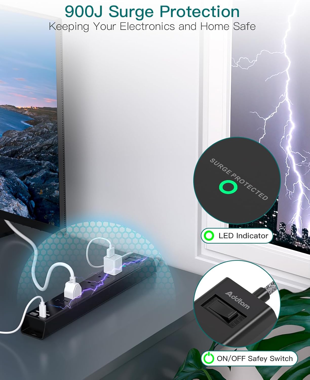 Extension Cord with Multiple Outlets 10 Ft - Power Strips with Surge Protection, Flat Plug with 6 AC Outlets 4 USB (2 USB-C Ports), Wall Mount Outlet Extender for Home Office Dorm Room Essentials
