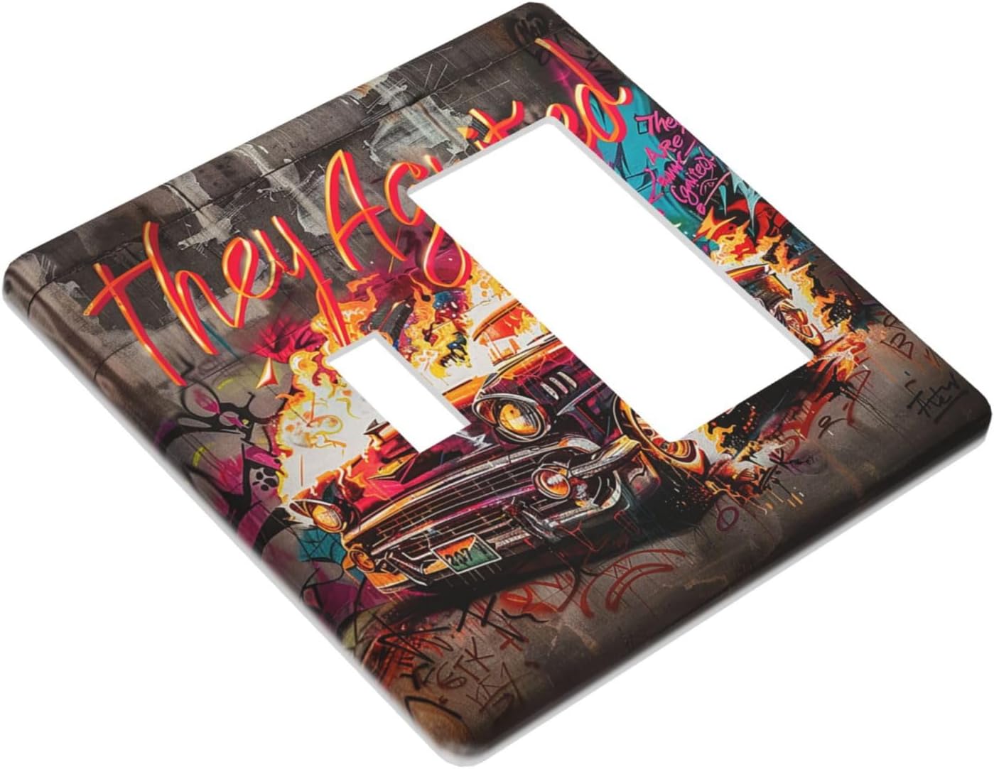 Outlet Covers Hip Hop Street Graffiti Flame Car 1 Toggle 1 Rocker Combination Decorative Wall Plate Electrical Switch Plates Light Switch Cover Plate for Bedroom living Room Decor