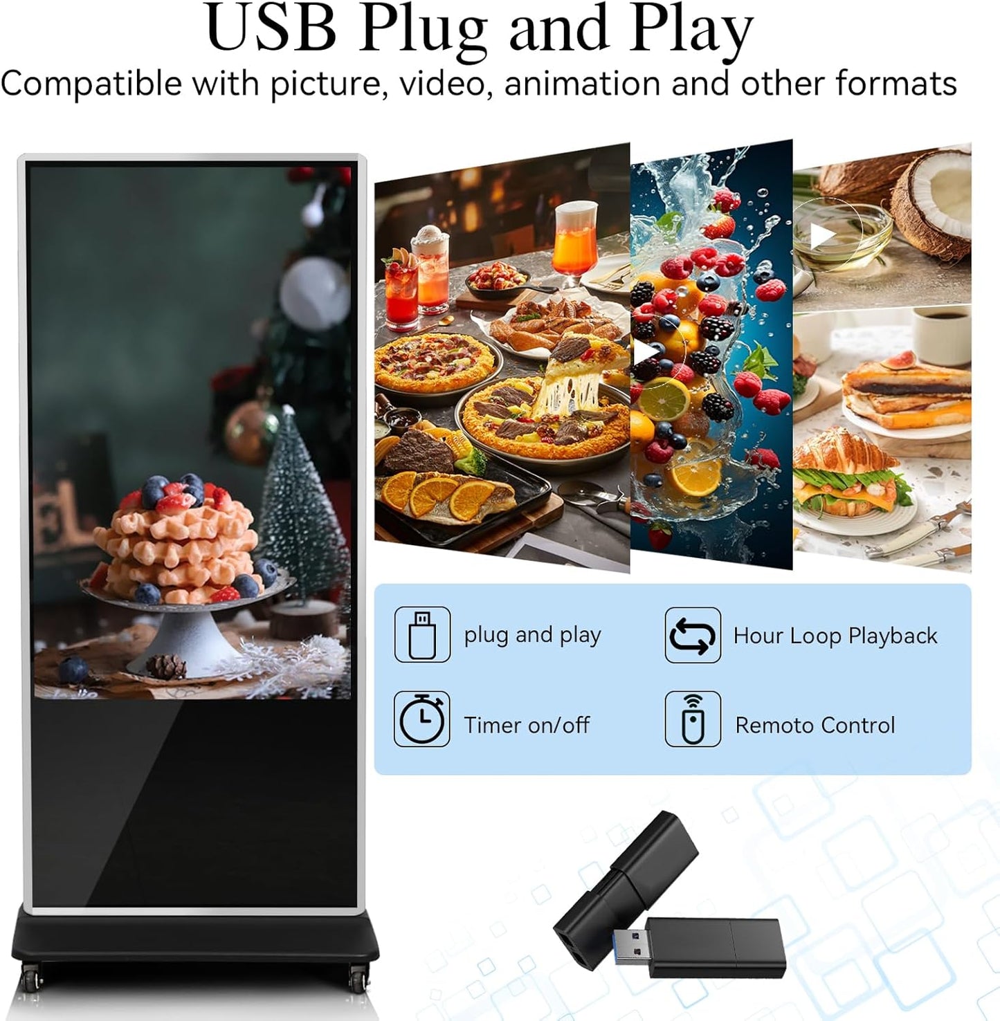65" 4K LCD Touchscreen Digital Signage Display, Indoor Floor Standing Advertising Player, Commercial Digital Signage Kiosk with Auto AD Player, HDMI WiFi Bluetooth Input, Android 12.0 Black
