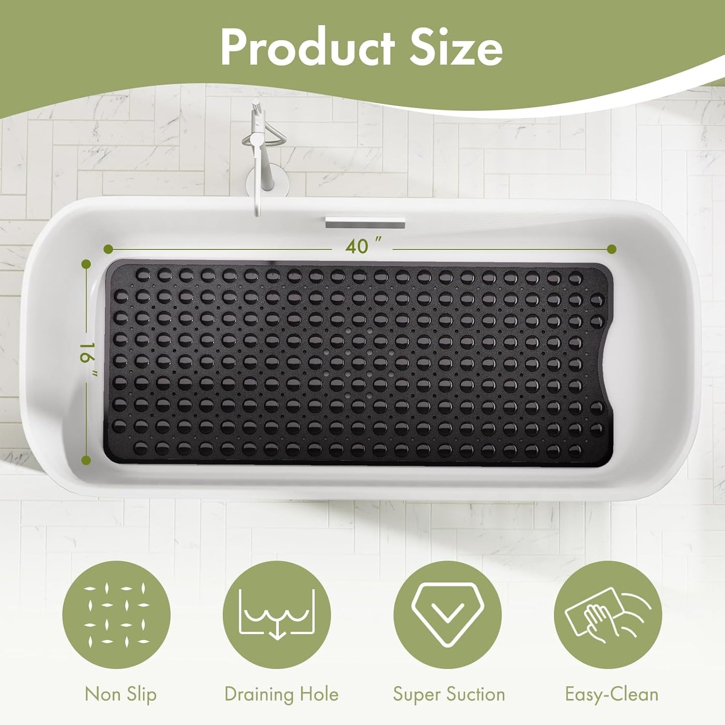 AmazerBath Shower Mat Non Slip 40 x 16 Inches, Shower Stall Mats with Suction Cups and Drain Holes, Non Slip Bath Mat for Tub for Elderly & Kids, Clear Black