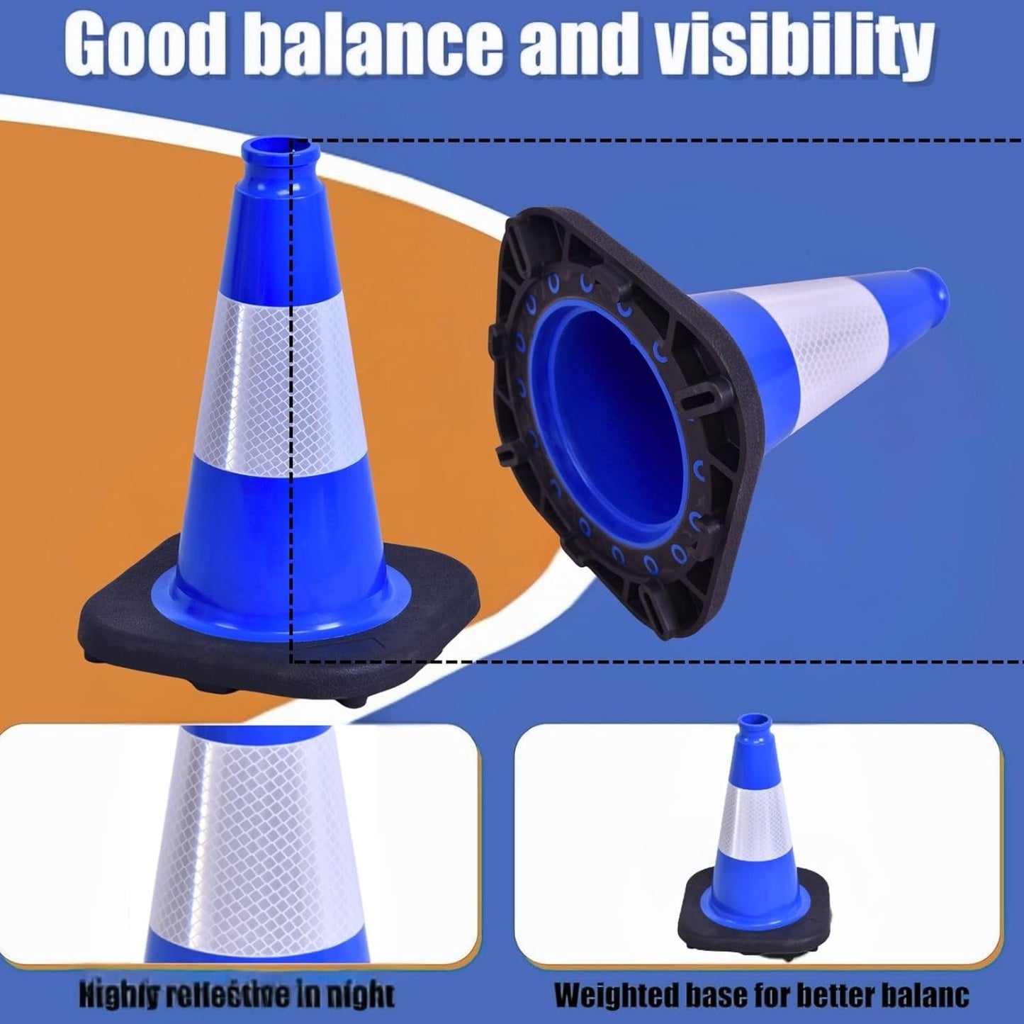 BESEA 8Pack 12 Inch Blue Traffic Cones with 4 Inch Reflective Collar, Heavy Duty PVC Safety Cones with 8.5 x 8.5 Inch Base for Parking, Driving Practice, Sports Training, and Construction