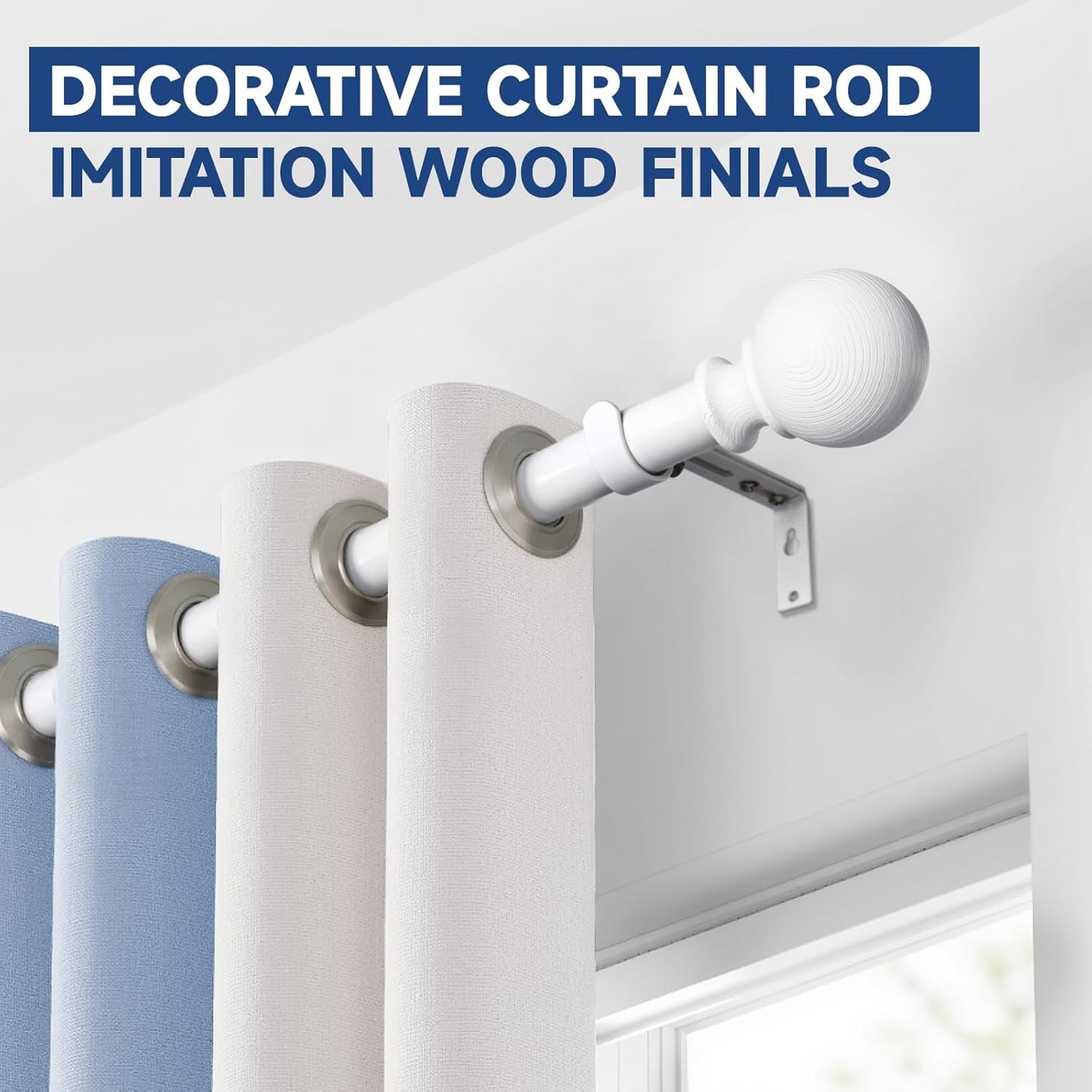 BRIOFOX White Curtain Rods for Windows 28 to 48 Inch(2.3-4ft)- 1'' Diameter Heavy Duty Curtain Rods with Imitation Wood Grain Pattern Finials,Adjustable Decorative Curtain Rods Sets,28-48''