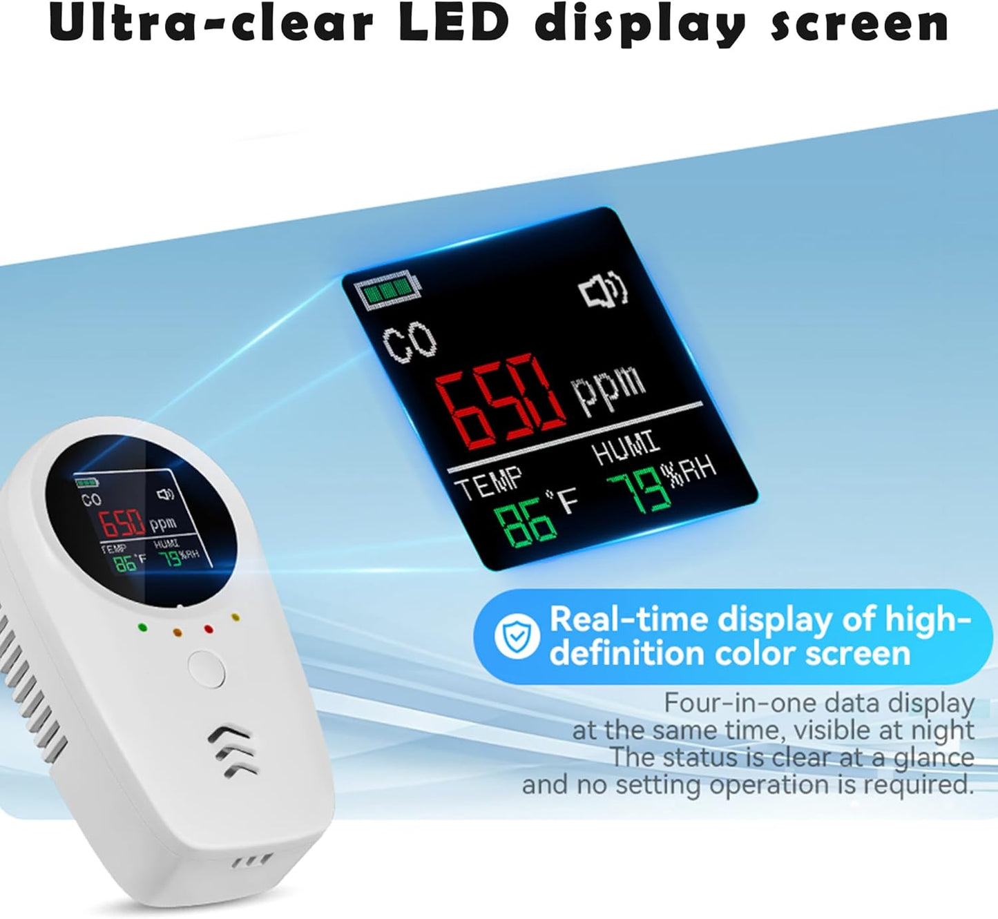2PCS 5-in-1 Rechargeable Carbon Monoxide & Natural Gas Detectors with Temperature/Humidity LCD Display & 2000mAh Lithium-ion Battery, Portable Plug in Co Detector for Home Travel RV Essentials