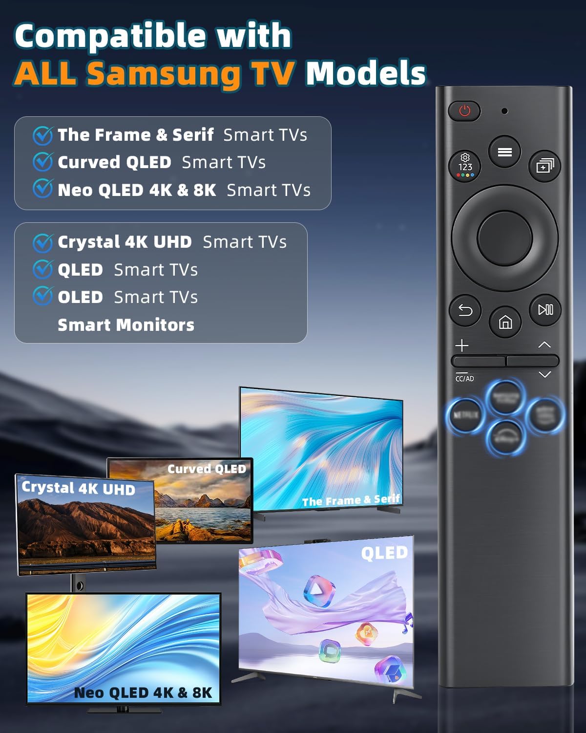Replacement Remote Control for Samsung Smart TVs – Ready to Use, Universal Remote Compatible with Samsung Frame Curved QLED Crystal UHD TVs
