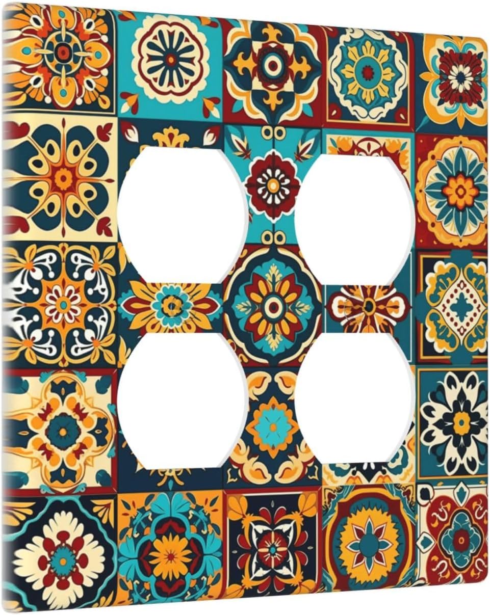 Mexican Talavera Ceramic Tile Moroccan Boho Outlet Covers 2 Gang Double Duplex Decorative Light Switch Covers Electrical Wallplates Socket Faceplate for Bathroom Kitchen Decor