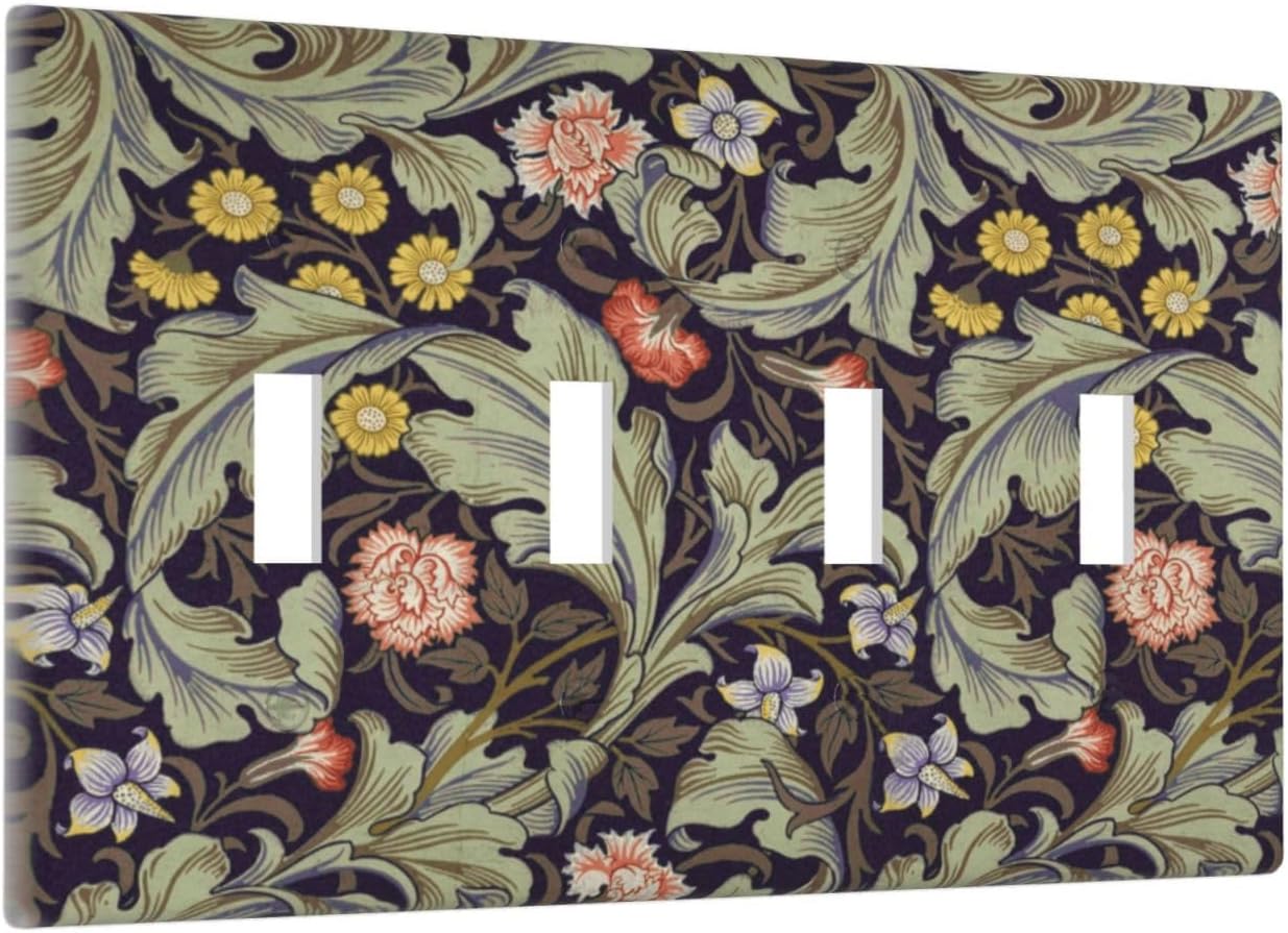 Boho William Morris Floral Green Leaves Flower Light Switch Covers Quad Toggle Electrical Faceplate 4 Gang Wall Plate Decorative Switch Plates Cover for Farmhouse Home Decor
