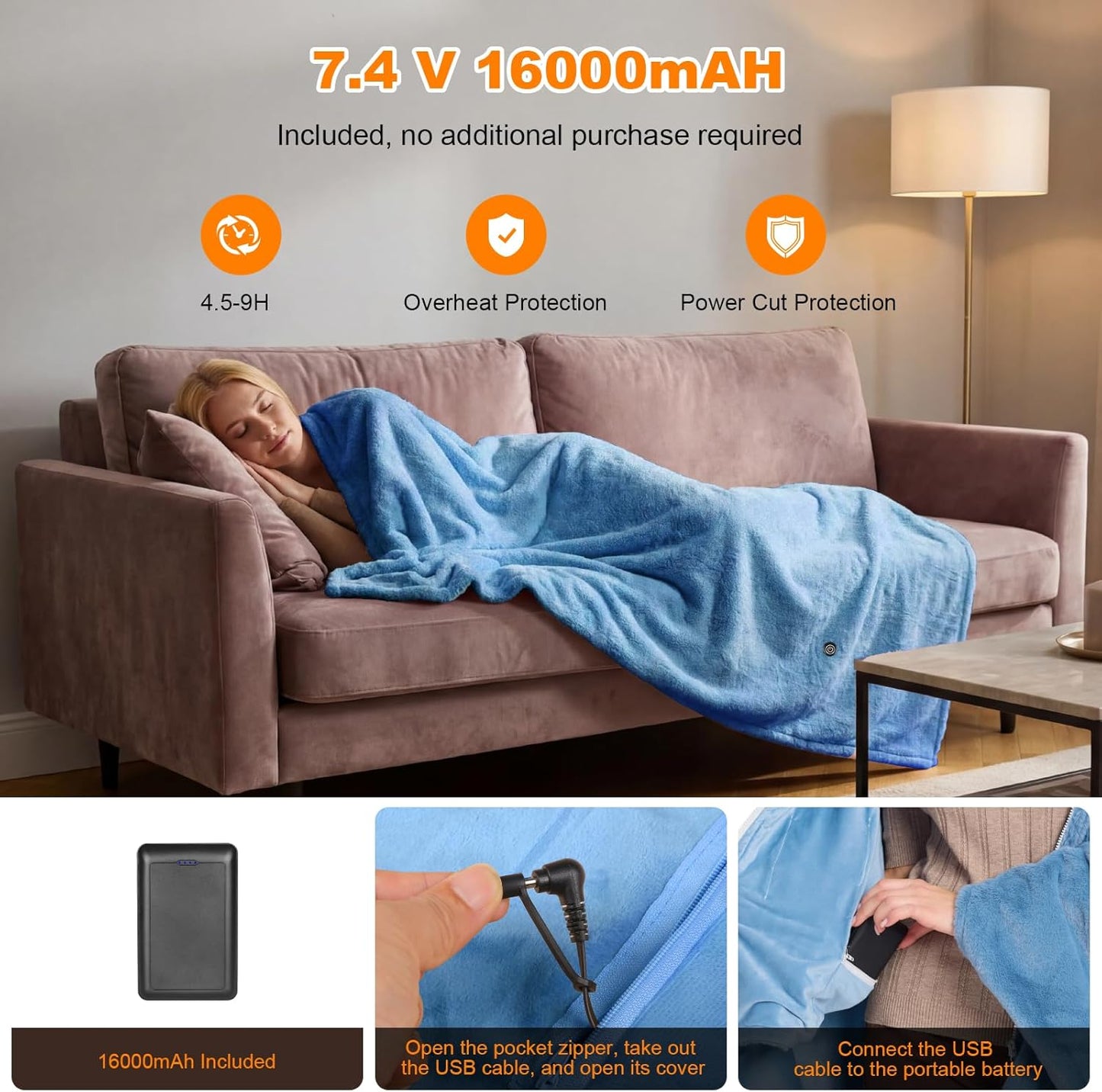Cordless Heated Blanket Battery Operated with Fleece Lining 7.4V 16000mAh Battery Portable Wearable Heated Shawl for Women Men 6 Heating Zones 3 Fast-Heating Levels (Battery Included)