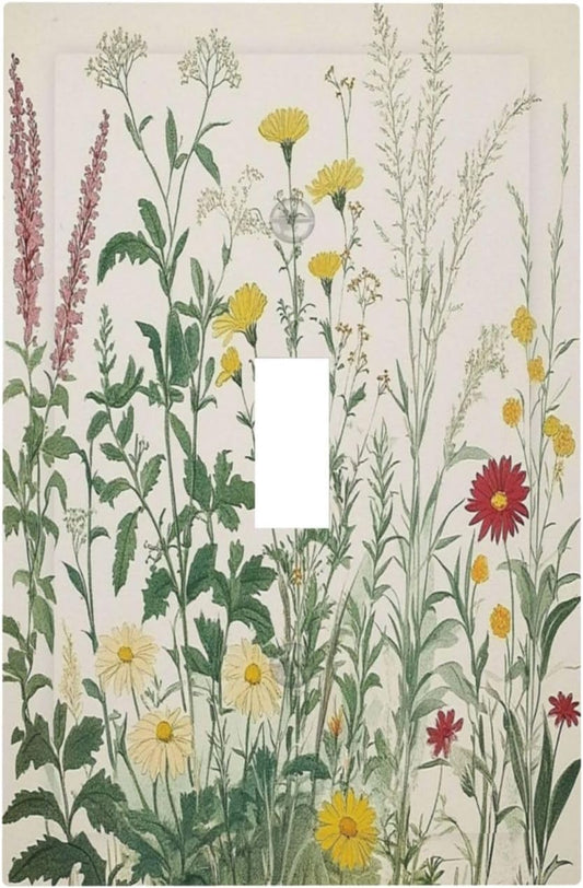 Rustic Wildflower Green Plants Daisy Floral Decorative Light Switch Cover 1 Gang Single Toggle Device Electrical Faceplate Switchplates Decorator Outlet Wall Plate For Farmhouse Bed Room Decor
