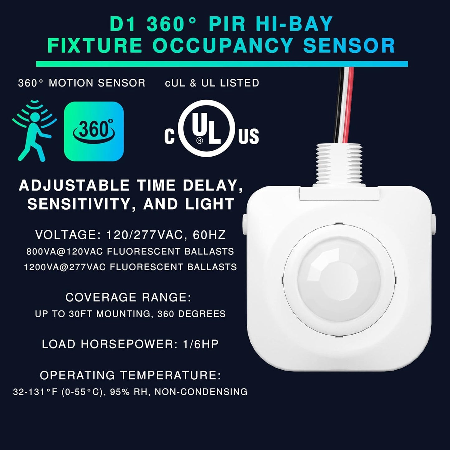 Ceiling Occupancy Motion Sensor, Passive Infrared Technology, High Bay Fixture Mount 360 Degree, Hard-Wired, 120-277 VAC, Commercial/Industrial Grade, 10-Pack