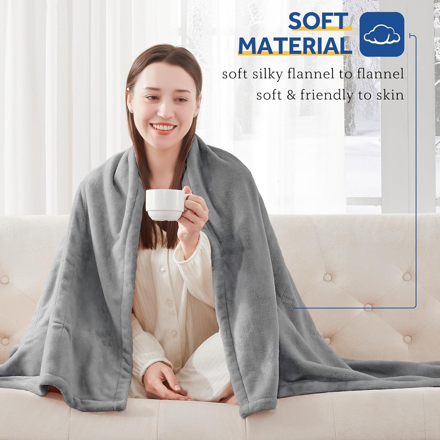 Sealy Electric Blanket Queen Size, Flannel Heated Blanket with 10 Heating Levels & 1-12 Hours Auto Shut Off, Machine Washable, Light Grey, 84 x 90 Inch