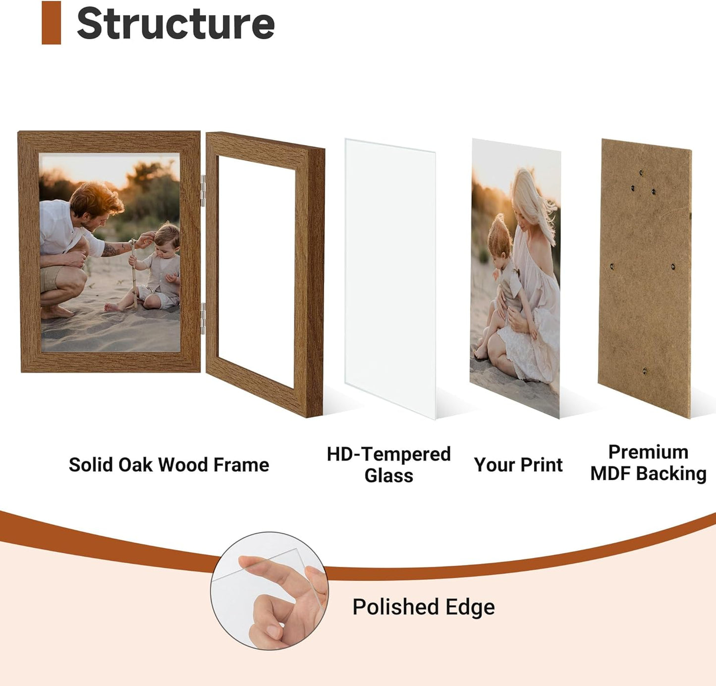 Axeman 6x8 Double Picture Frame - Solid Oak Wood Vertical Hinged 6x8 Photo Frame 2 Opening Folding Family Frames Collage With Real Glass for Tabletop Displa, Hanging Hardware Included | Walnut