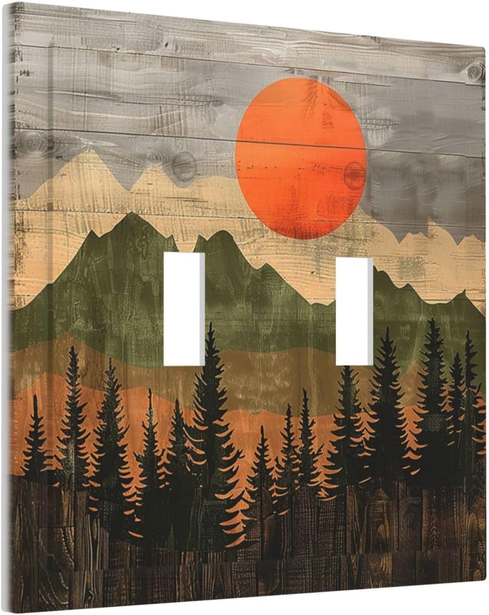 Decorative Switch Plates Vintage Wood Grain Sun Forest Mountains 2 Gang Double Toggle Outlet Light Switch Cover Wall Plate Electrical Faceplate for Farmhouse Cabin Decor