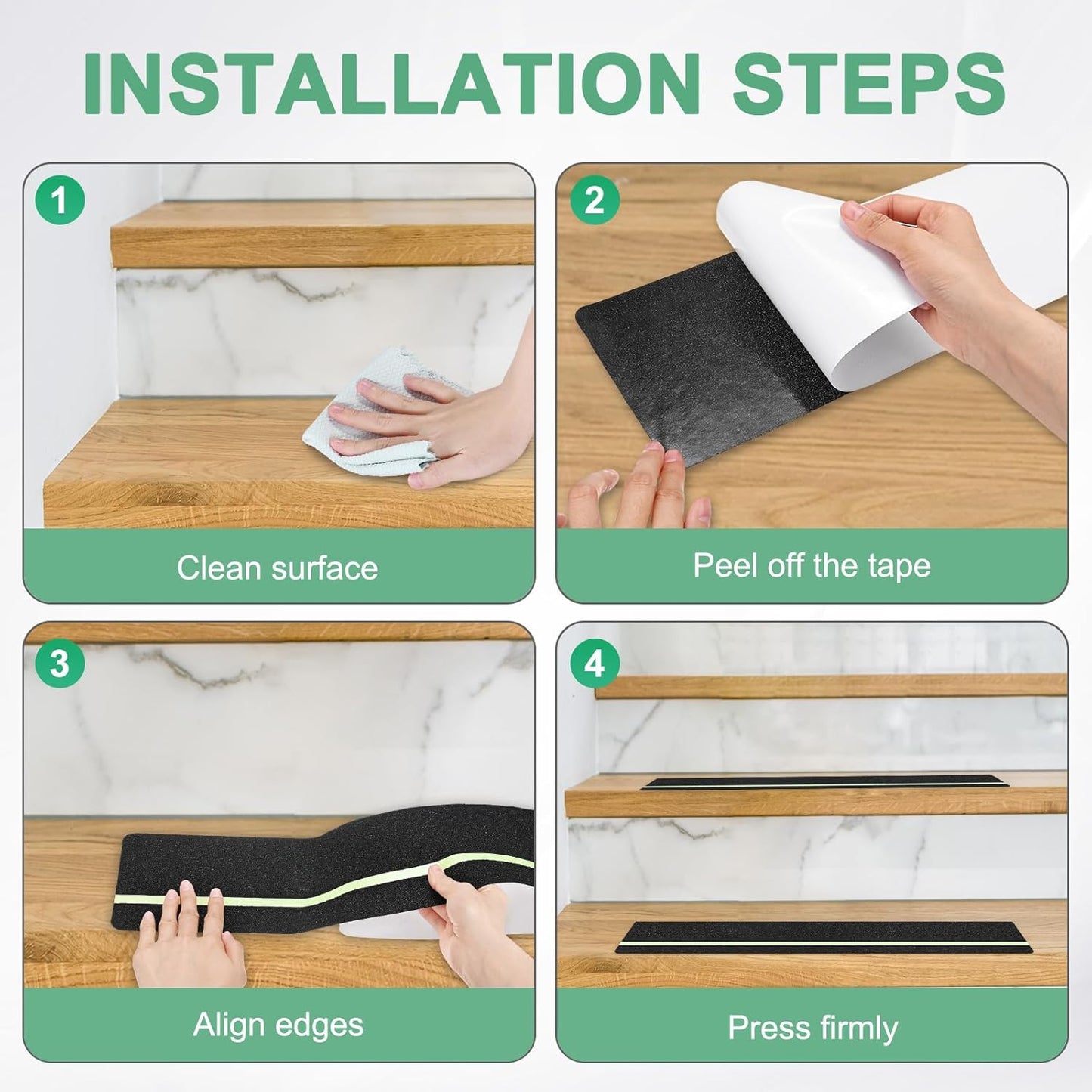 5-Pack Anti Slip Traction Tape 24" x 6" Best Grip Tape Grit with 12mm/0.47" Glow in Dark Stripe High Traction Friction Abrasive Adhesive for Indoor/Outdoor Stairs[Black+Green]