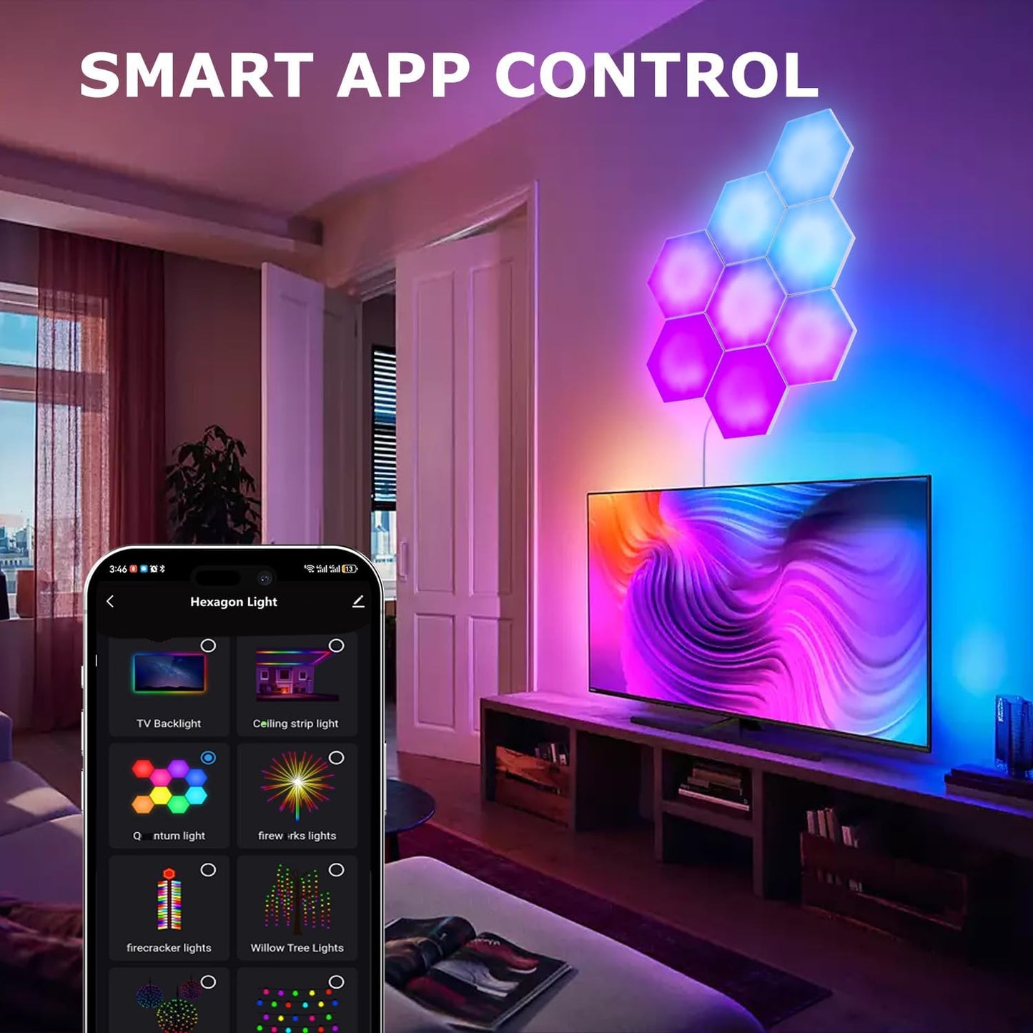 Smart Hexagon Lights DIY Hexagon Led Light App & Remote Controlled & Music Sync Features USB & Type C Modern RGB Wall Panels for Living & Gaming Decor (6Pack)