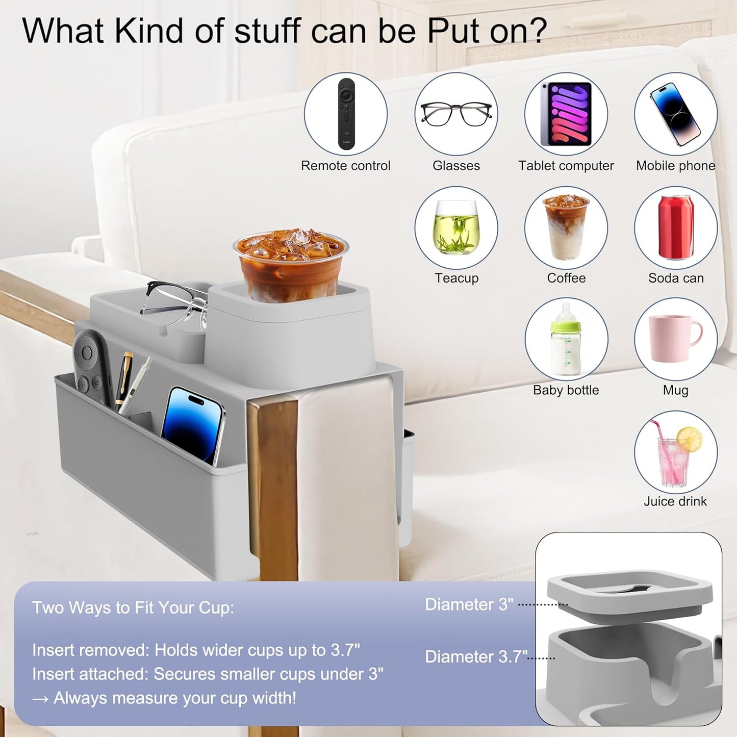 KindGa Couch Cup Holder Tray，Super Large Silicone Sofa Armrest Tray with Side Pockets，Anti-Slip Couch Caddy for Drinks/Phone/Remote/Snacks Sofa Table Organizer，Fathers Day Dad Gifts -Slate Gray