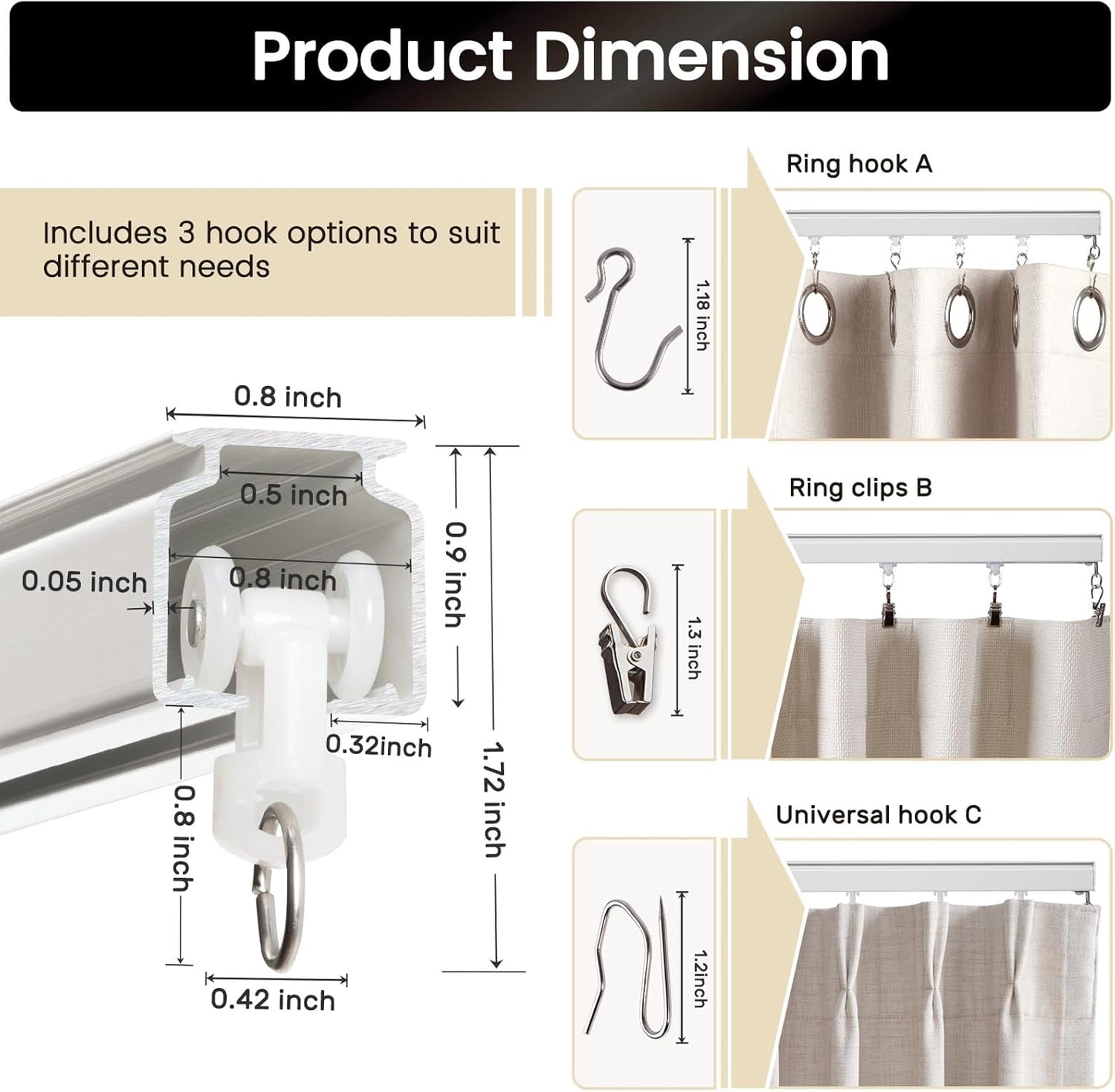 Aluminum 15 ft–18 ft Ceiling Curtain Track Set with 3 Types of Hooks, Adjustable Ceiling/Wall Mount Room Divider Curtain Rail System, White