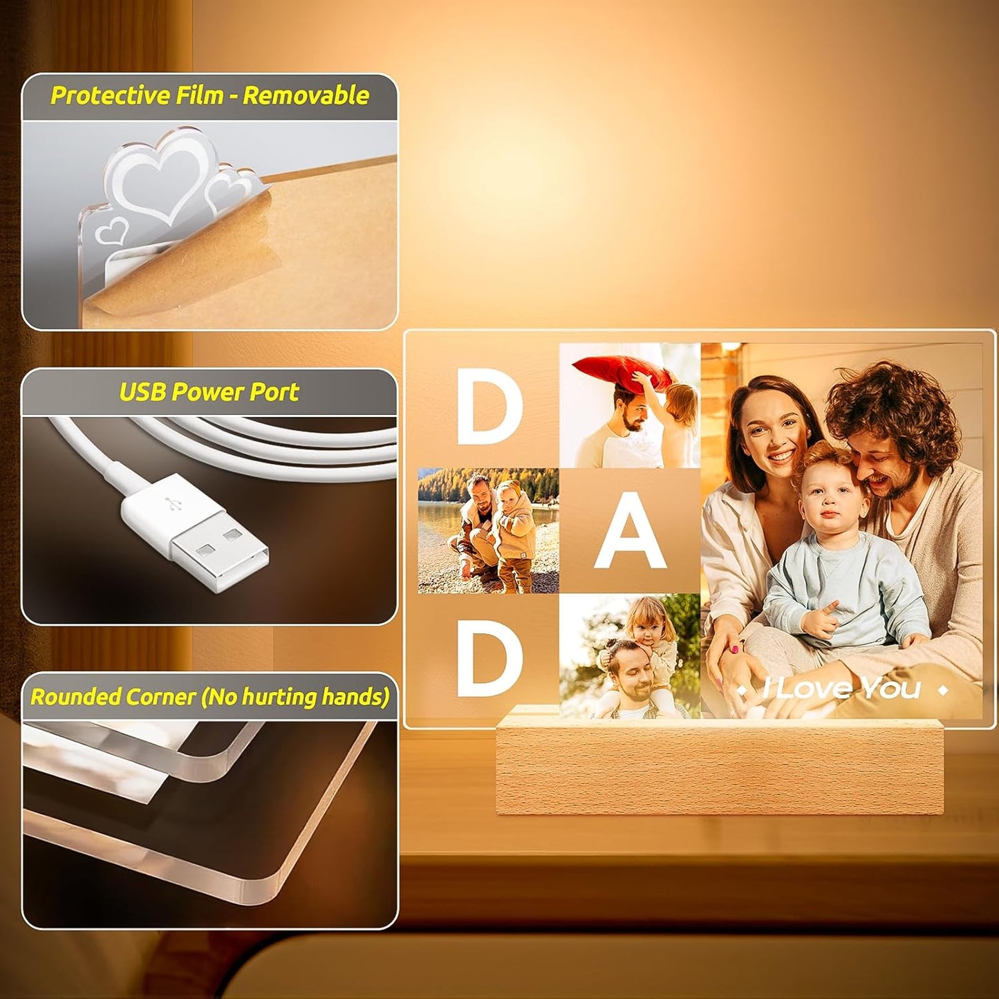 Personalized DAD Picture Frames, Customized Photo Frame with Night Light, Custom Picture Frames, Best Dad Ever Gifts, Personalized Birthday Gifts for Dad from Daughter Son Wife