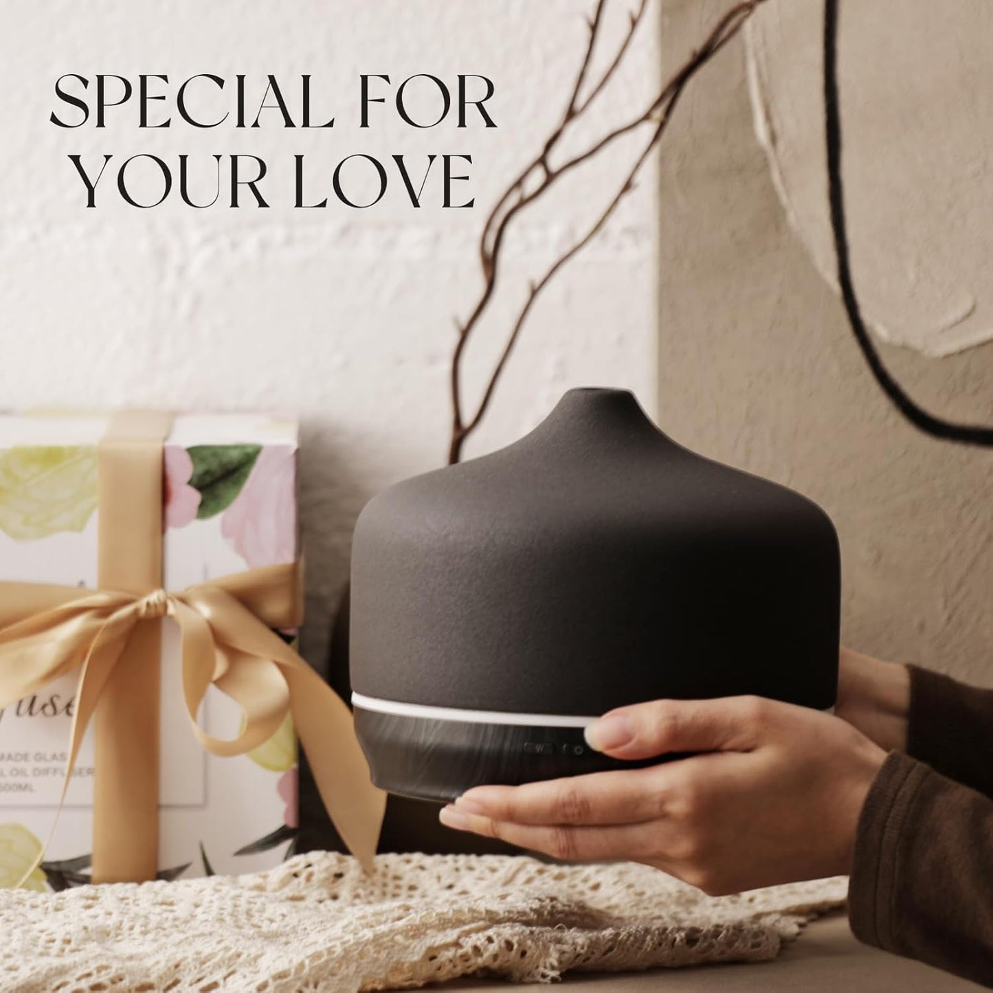 Porseme 500ml Ceramic Essential Oil Diffuser Aromatherapy Ultrasonic Cool Mist Humidifier 15-21 Running Hours Air Diffusers for Sleeping Yoga Office Working Spa and Rest (Black Ceramic)