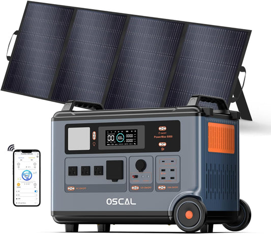 OSCAL PowerMax 6000 Solar Generator with 400W Solar Panel, 120V/240V Split Phase Voltage 6000W AC Outlets (9000W Peak), 2200W AC Charging/2400W PV Charging for Home, Emergency, Bank Battery Backup