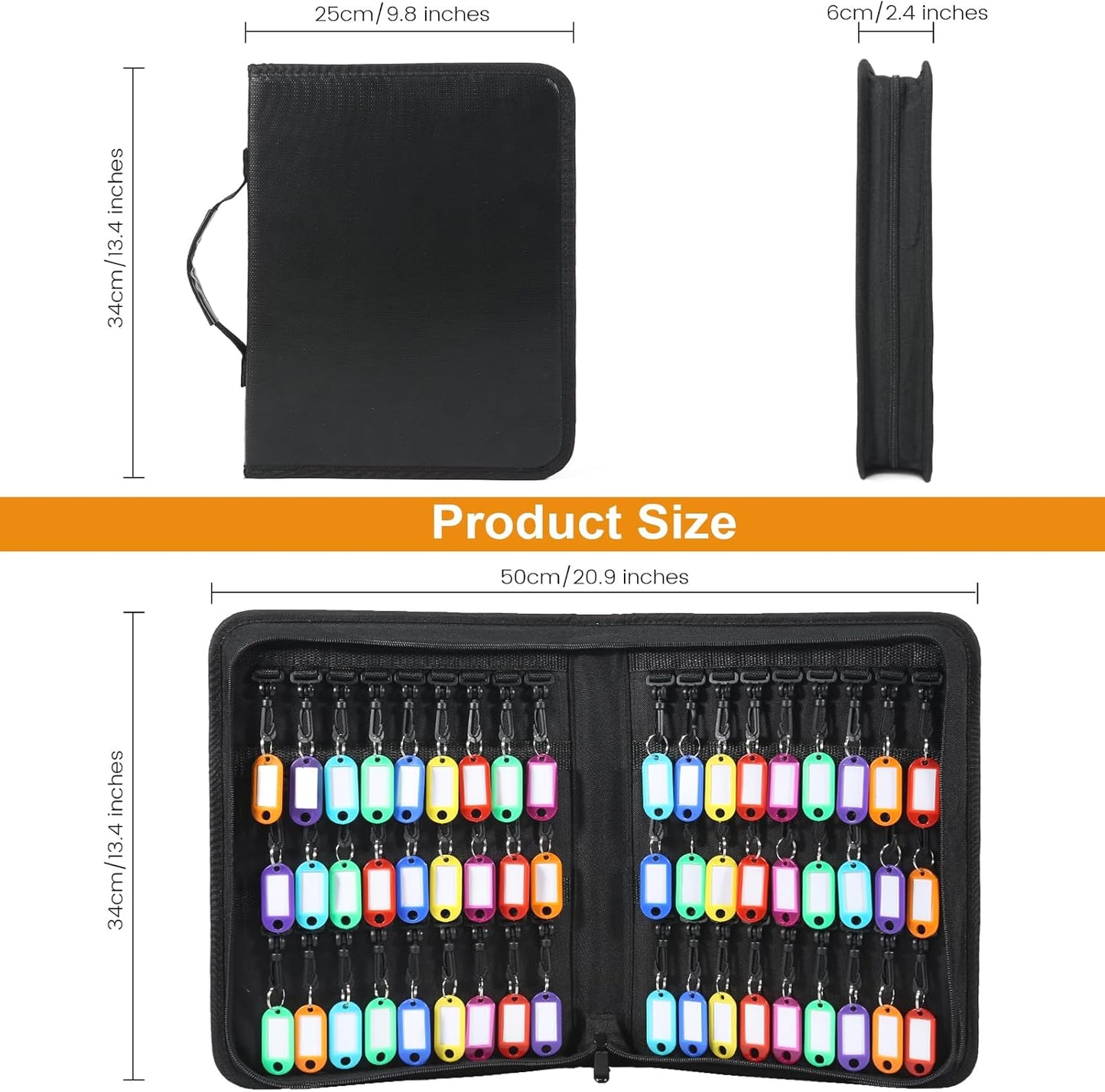Zippered Key Case Organizer with Handle, Waterproof and Fireproof Key Binder with 54 Hooks and Tags Portable Key Storage Book for Offices Real Estate Agencies Hotels and Rental Management