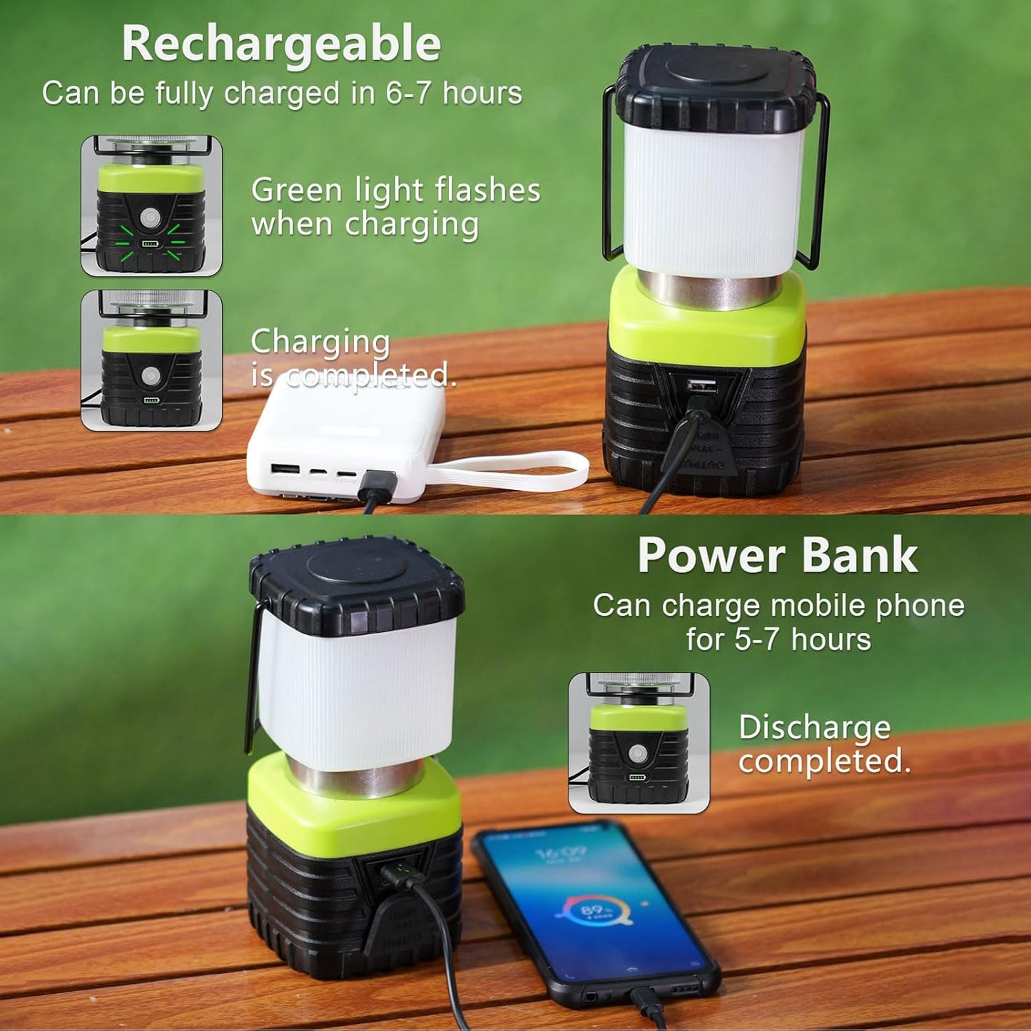 3PCS 6500K White Light LED Camping Lantern Rechargeable 1000LM, 4500mAh Power Bank, Flashlight for Hurricane Emergency, Hiking, IP44 Waterproof Lantern(Green)