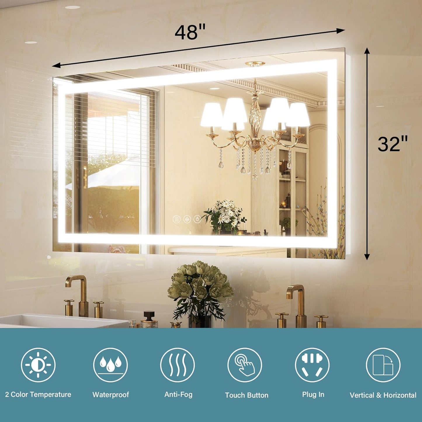 GLSLAND LED Bathroom Mirror - 48"x32" Anti-Fog Lighted Wall Mirrors with Memory Function, Dimmable, Frontlit & Backlit, Horizontally/Vertically, Tempered Glass