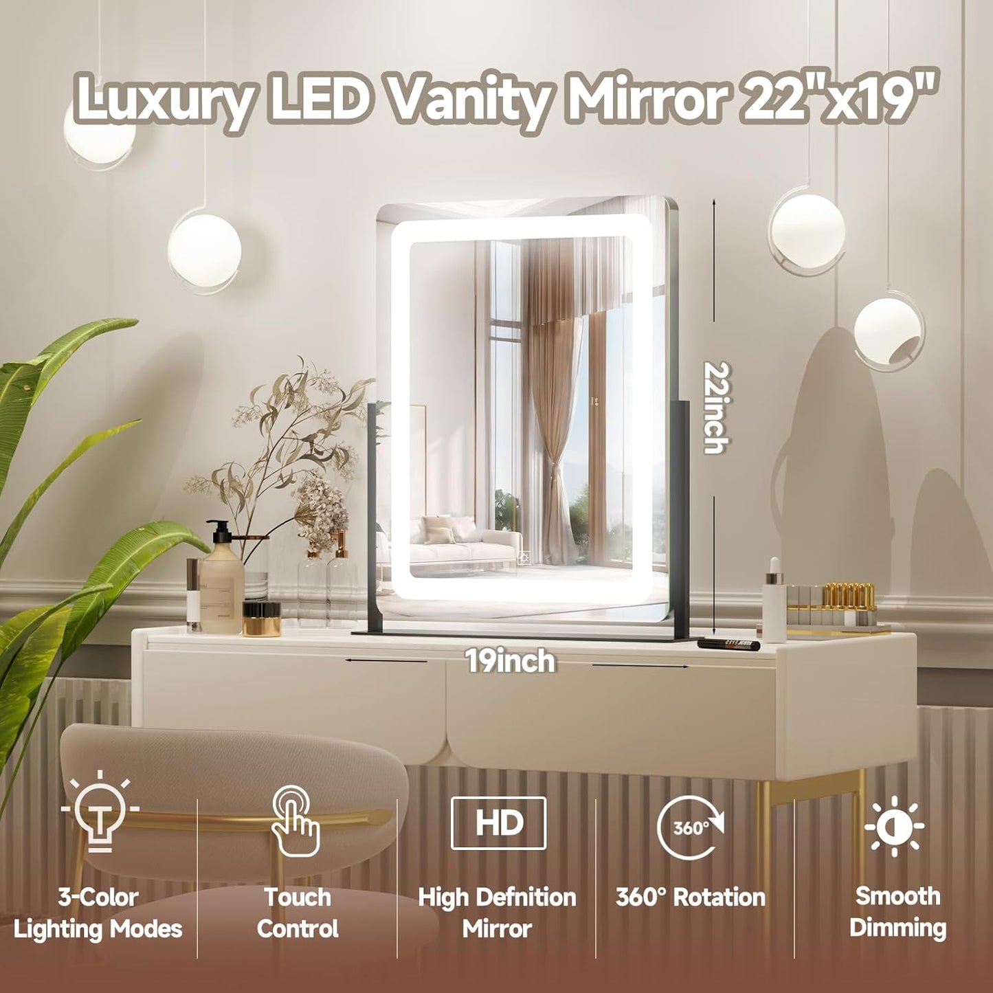 PRIMETEK Vanity Mirror with Lights, 19"x22" Large Makeup Mirror with Lights, LED Lighted Makeup Mirror, Touch Screen with 3-Color Lighting, Dimmable for Vanity Desk Tabletop, Bedroom, Black