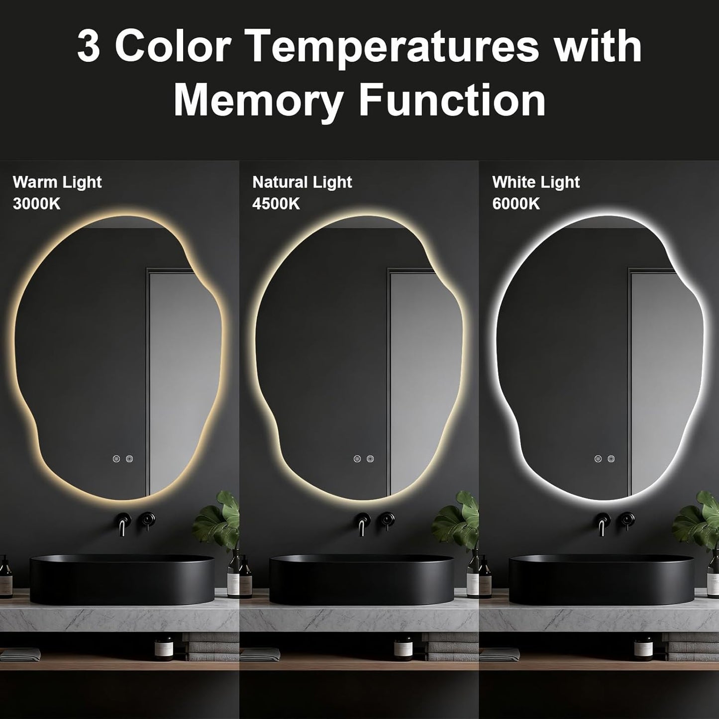 Asymmetrical Bathroom Mirror with Lights,Irregular LED Bathroom Vanity Mirror with Backlit,Anti-Fog,3 Colors and Dimmable Light with Memory,Hardwired Supported[Horizontal/Vertical] 40" H x 30" W