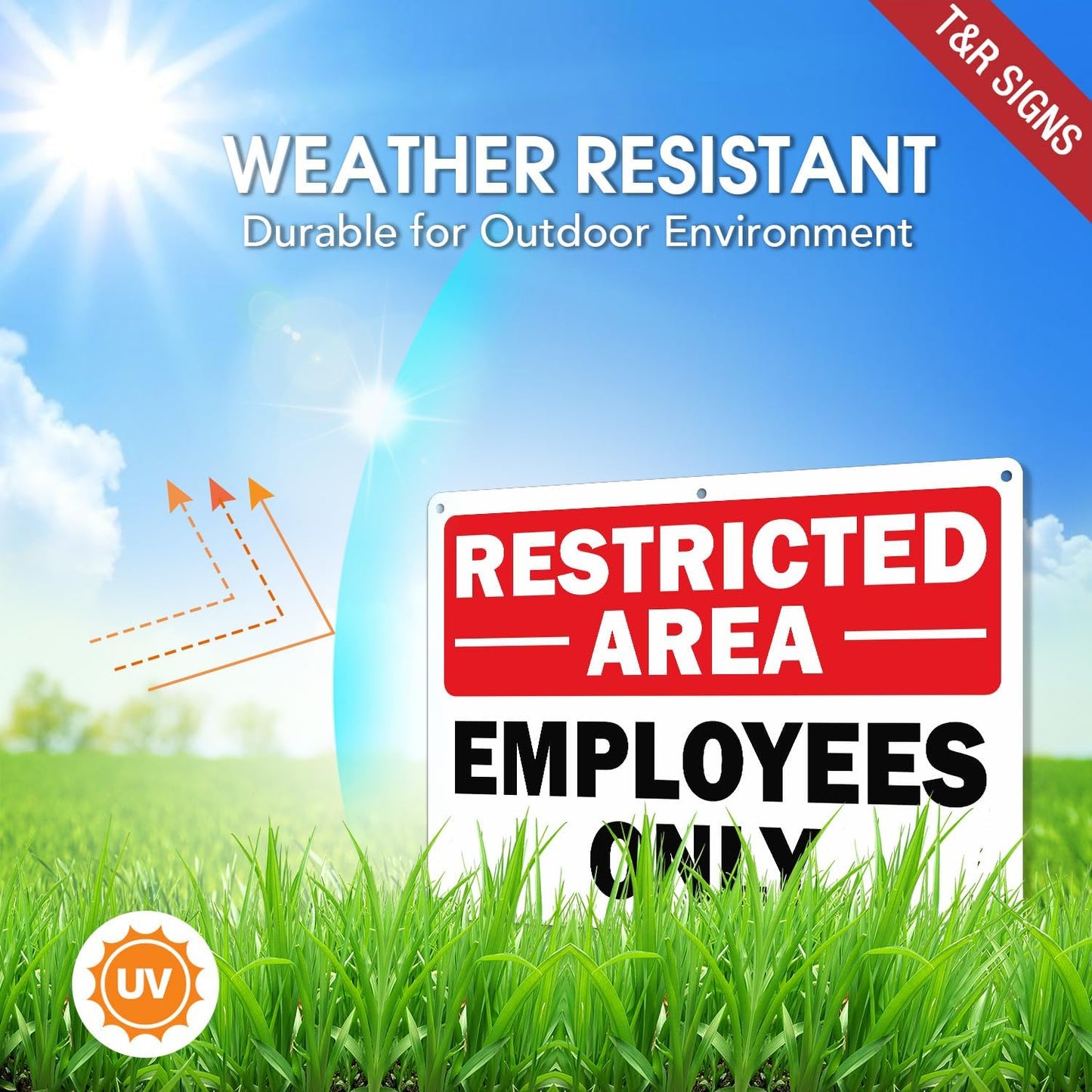 T&R Restricted Area Sign Employees Only Sign - 1 Pack - 14 x 10 Inches Rust Free .040 Aluminum - UV Protected, Waterproof, Weatherproof and Fade Resistant - 6 Pre-drilled Holes