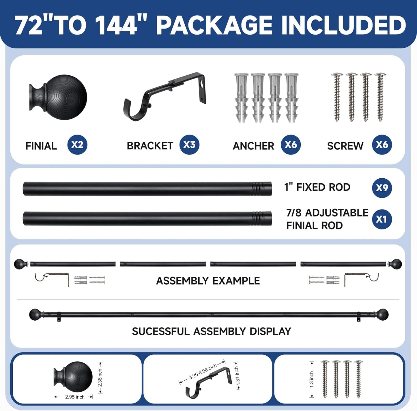 BRIOFOX Black Curtain Rods for Windows 72 to 144 Inch(6-12ft) - 1'' Diameter Heavy Duty Curtain Rods with Imitation Wood Grain Pattern Finials,Adjustable Decorative Curtain Rods Set,28-144''