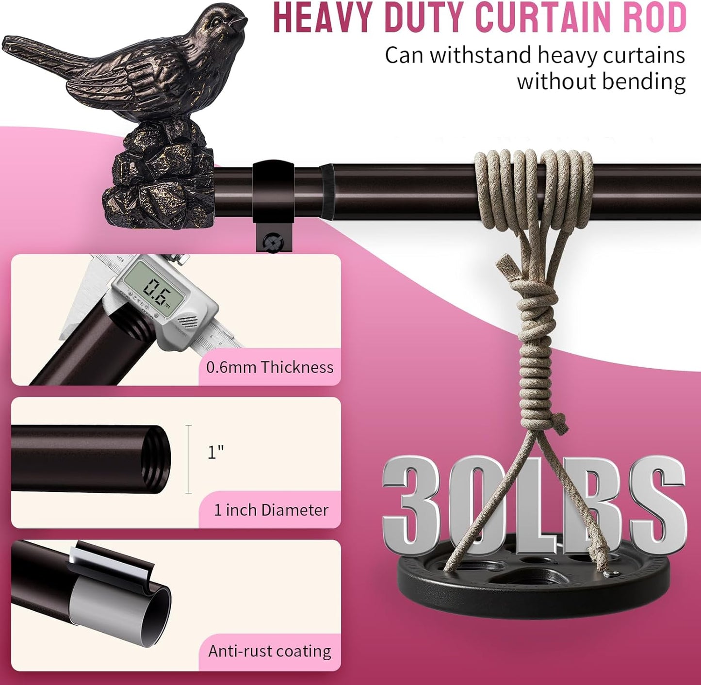 Curtain Rods for Window 36 to 72 Inches Vintage Bronze Curtain Rod with Bird Finials Adjustable Drapery Rod Heavy Duty Curtains Rods for Living Room Kitchen Window