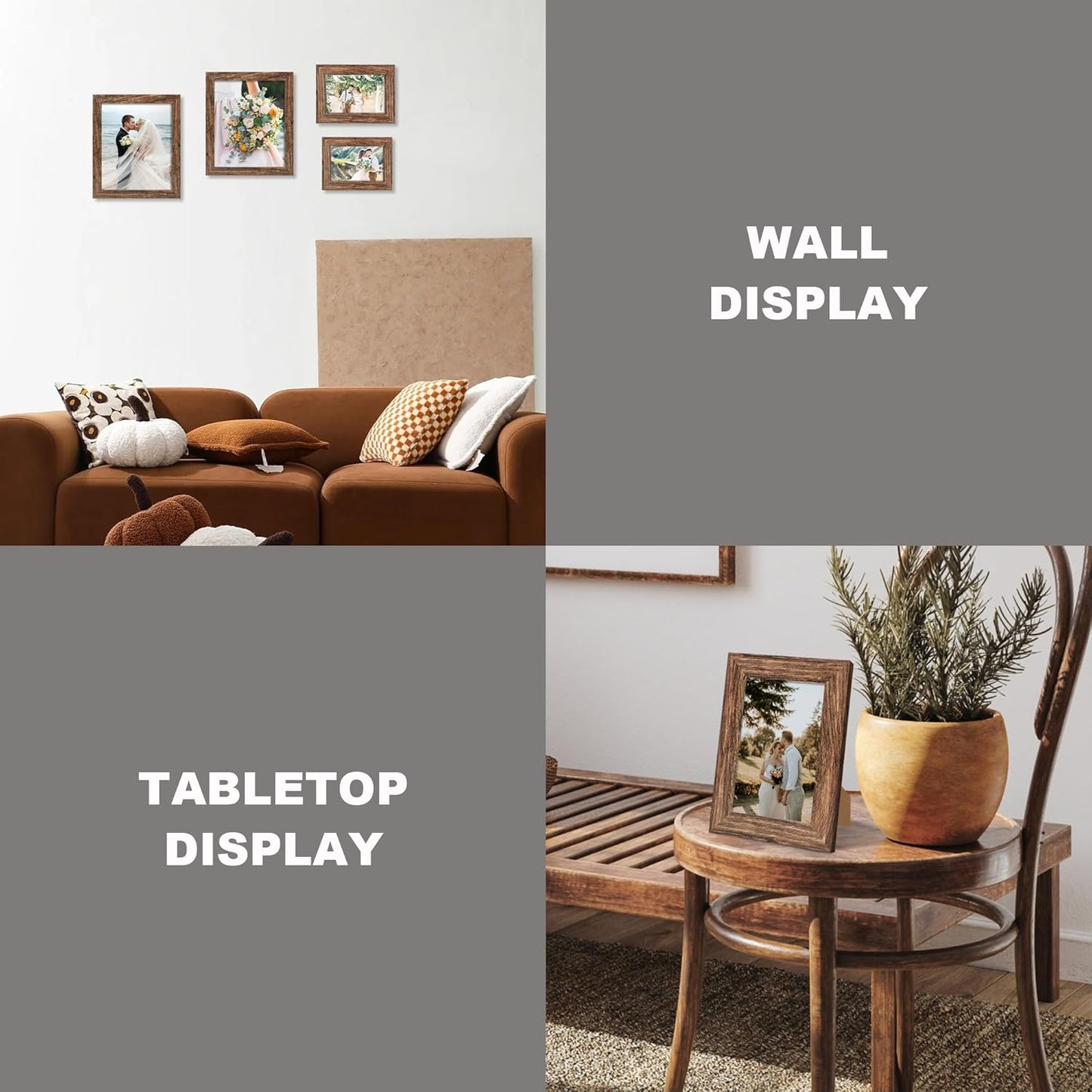 iRahmen 4x6 Picture Frame Set of 4, High Definition Glass Brown Frame, 4 x 6 Wood Rustic Photo Frames for Horizontal or Vertical Display Tabletop and Wall Mounting