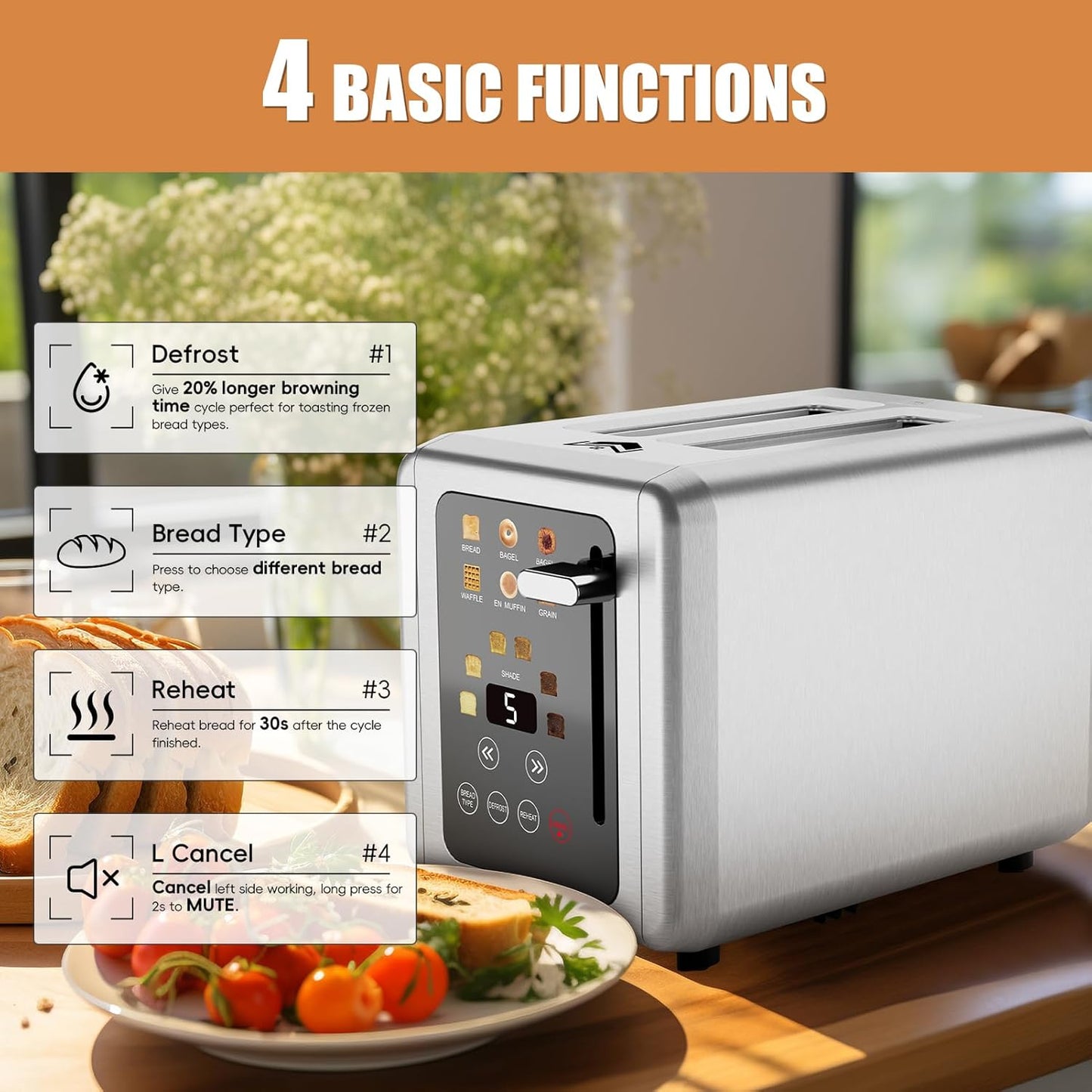 2 Slice Toaster,Touchscreen & Dual Independent Control Panel,5 Basic Functions & Digital Countdown Toasters,6 Shade Settings＆6 Bread Types,Smart Bread Maker Mute/Screen-Off,Silver